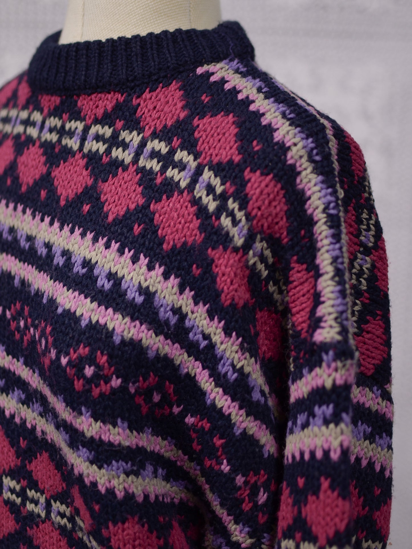 1990s Classics navy blue, pink and purple chunky striped pattern jumper