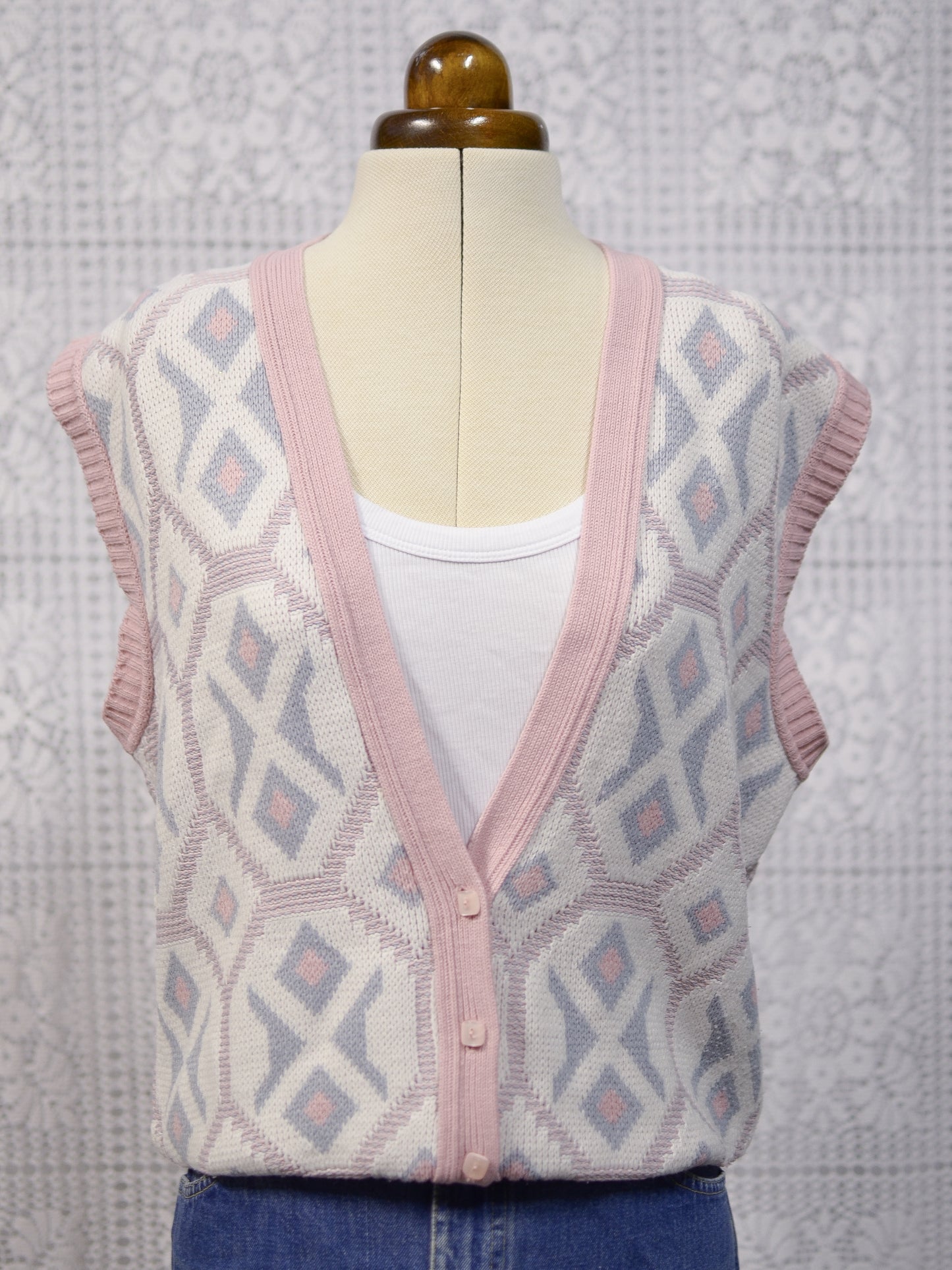 1980s pink, white and blue knitted waistcoat tank top sleeveless cardigan