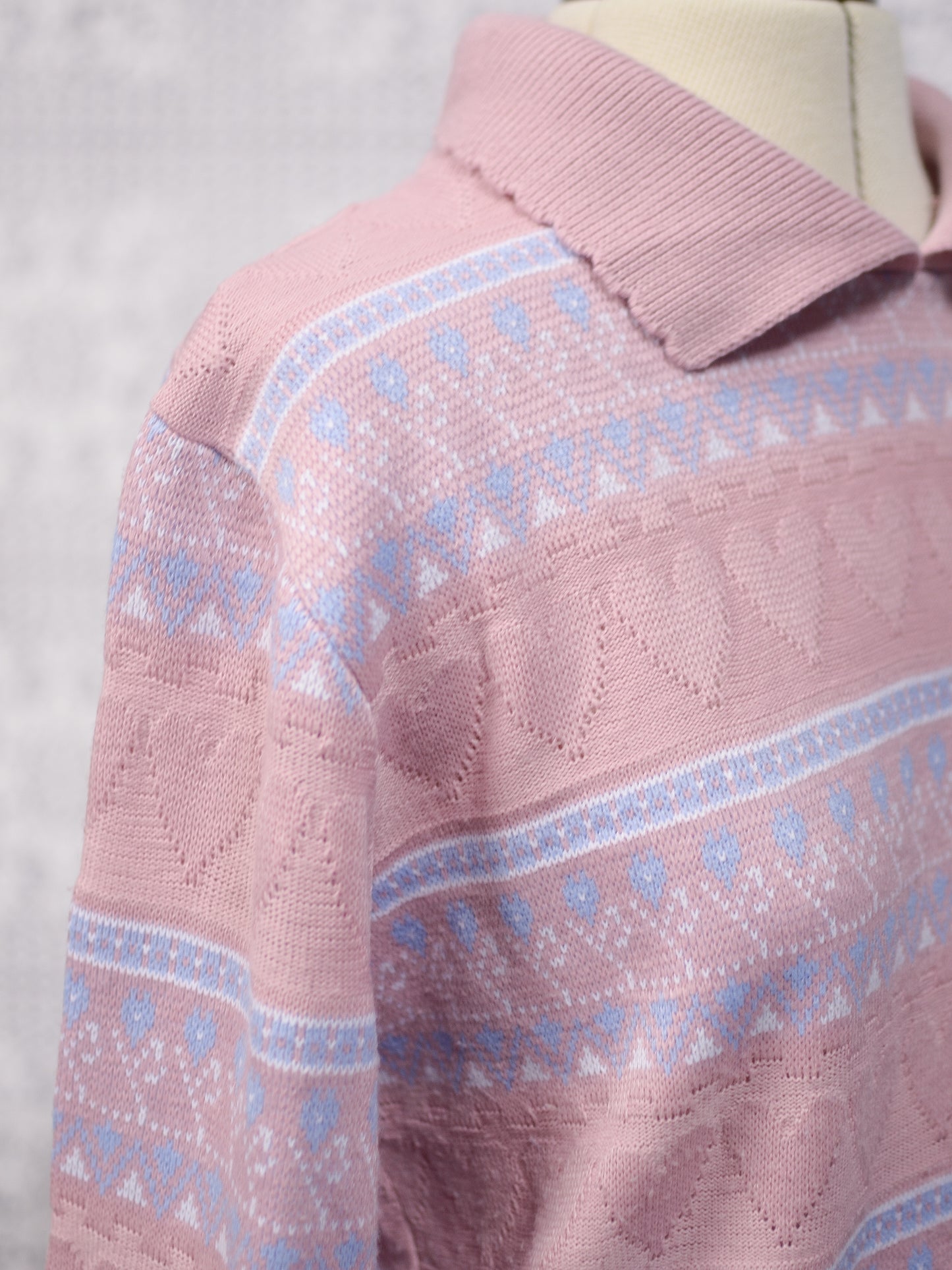 1990s pastel pink heart stripe patterned collared jumper