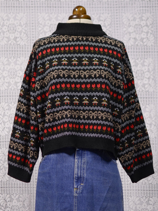 1980s black, white, red and green festive folk patterned jumper