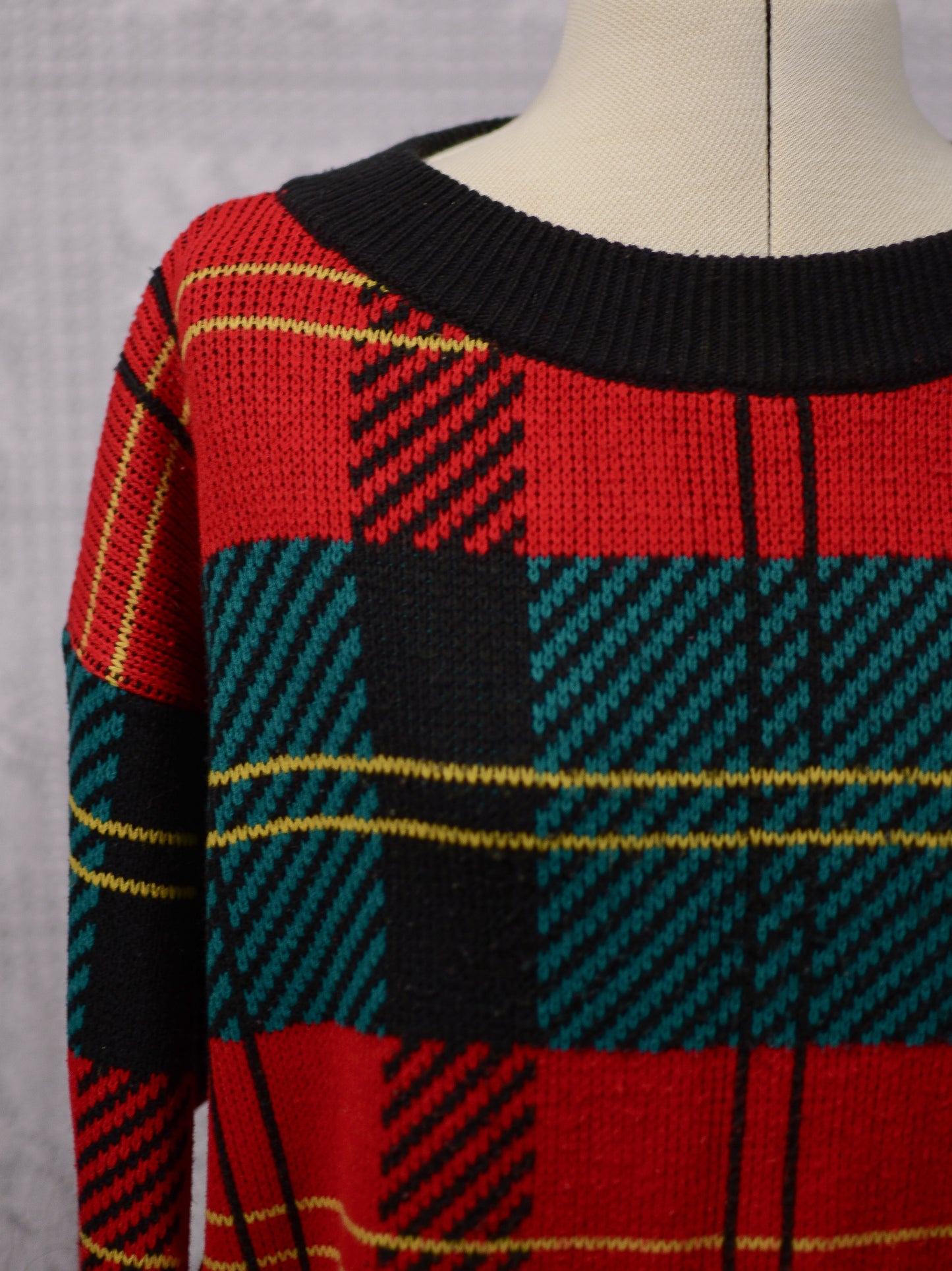 1980s St Michael red, green, black and yellow tartan jumper