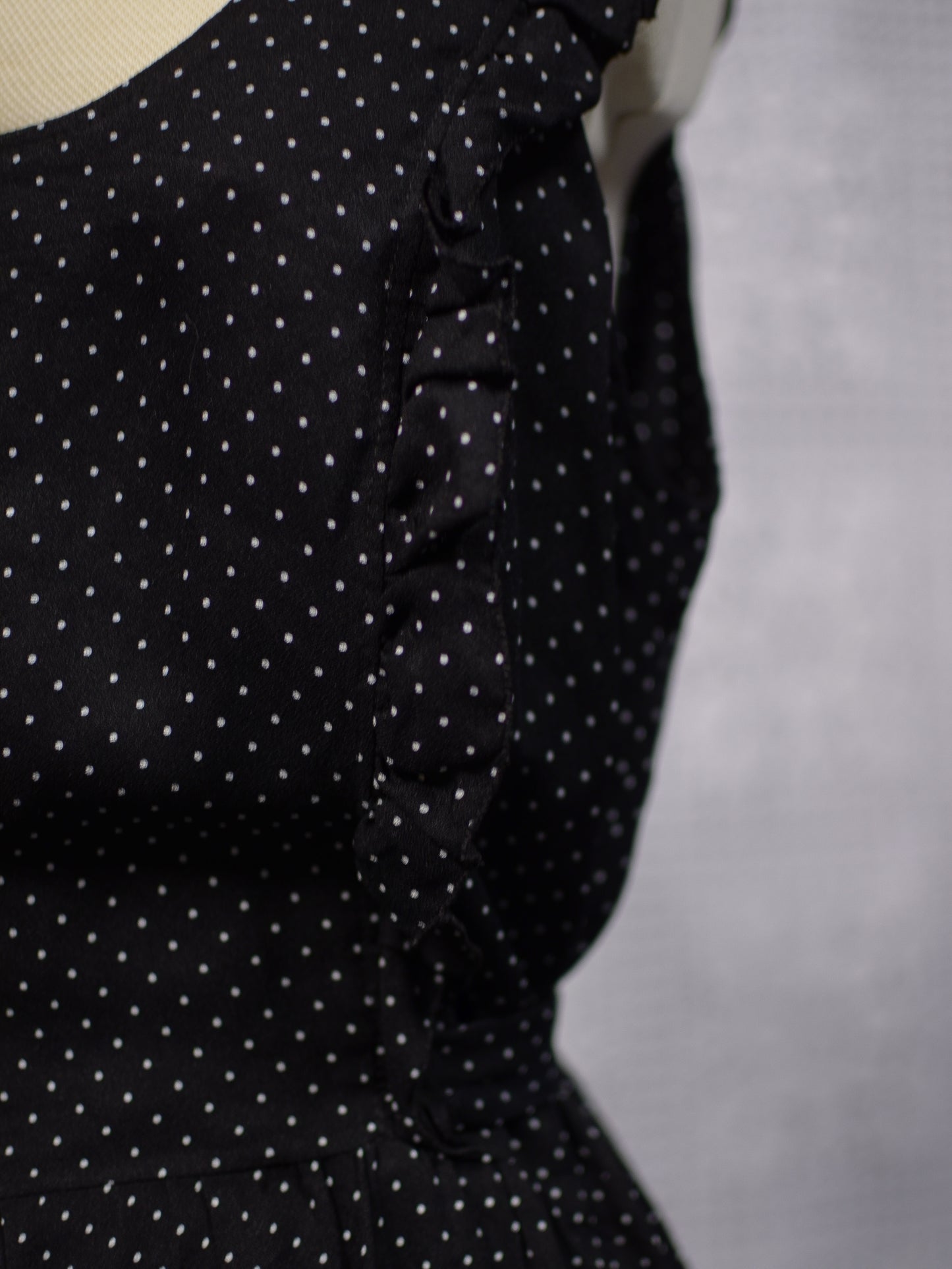 1970s black and white polkadot frilled pinafore maxi dress