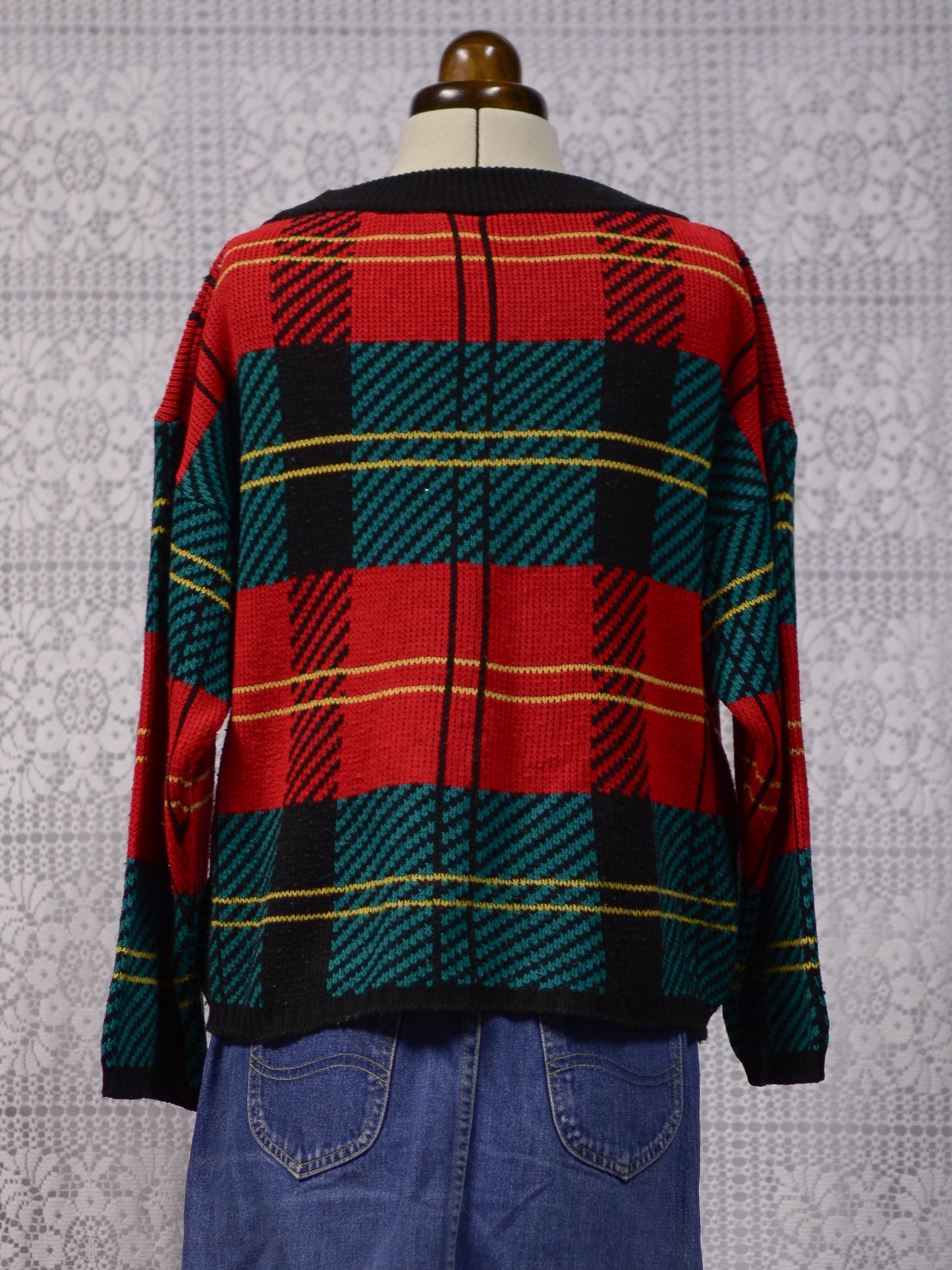 1980s St Michael red, green, black and yellow tartan jumper