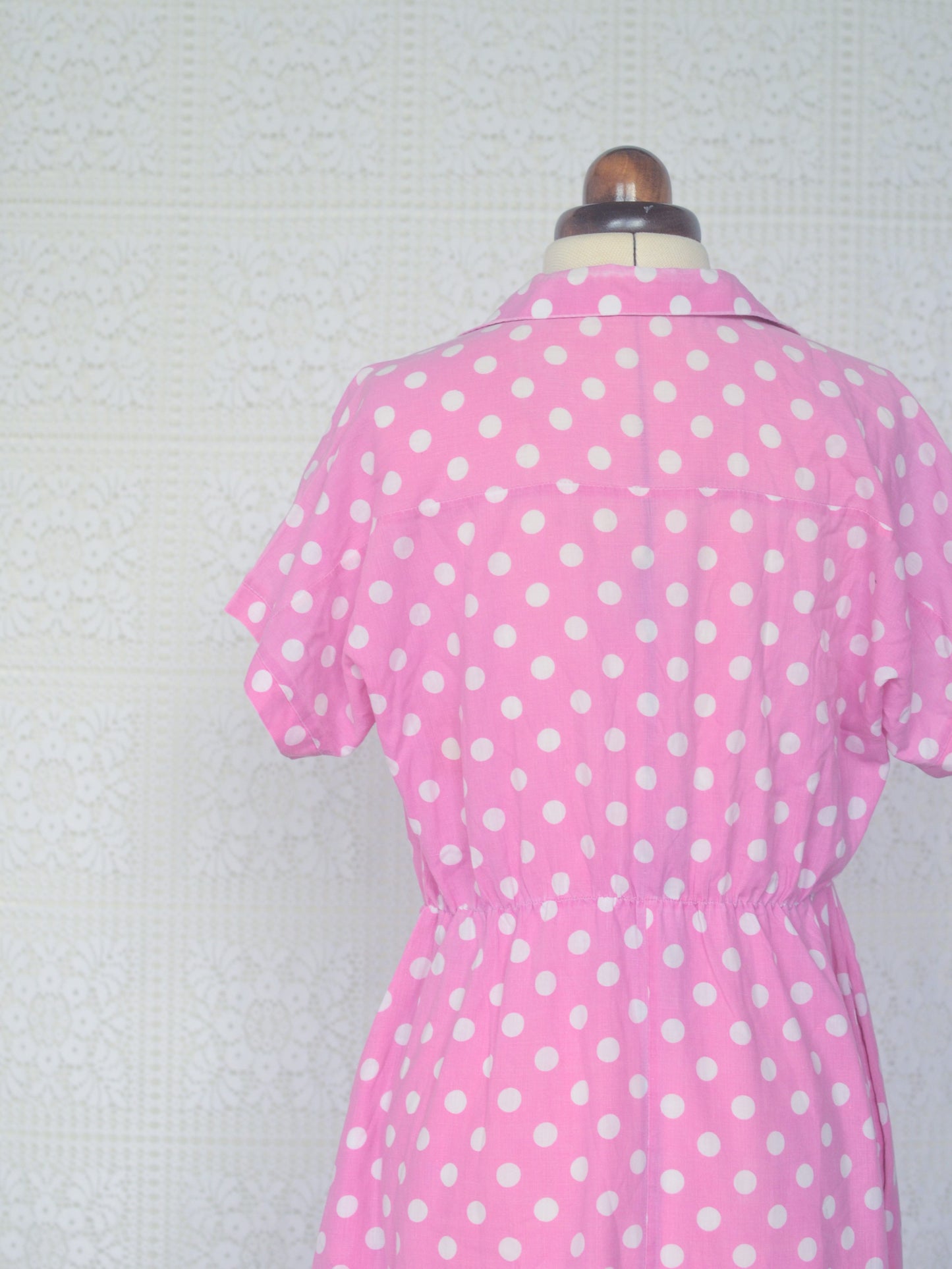 1980s style pink and white polkadot short sleeve shirt midi dress