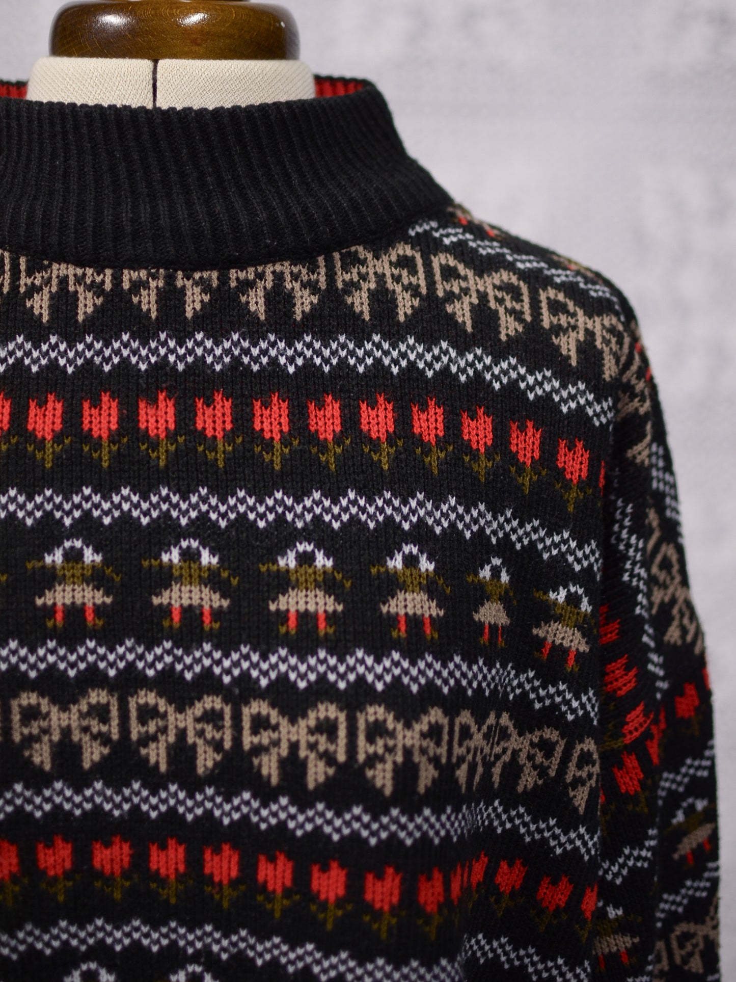 1980s black, white, red and green festive folk patterned jumper