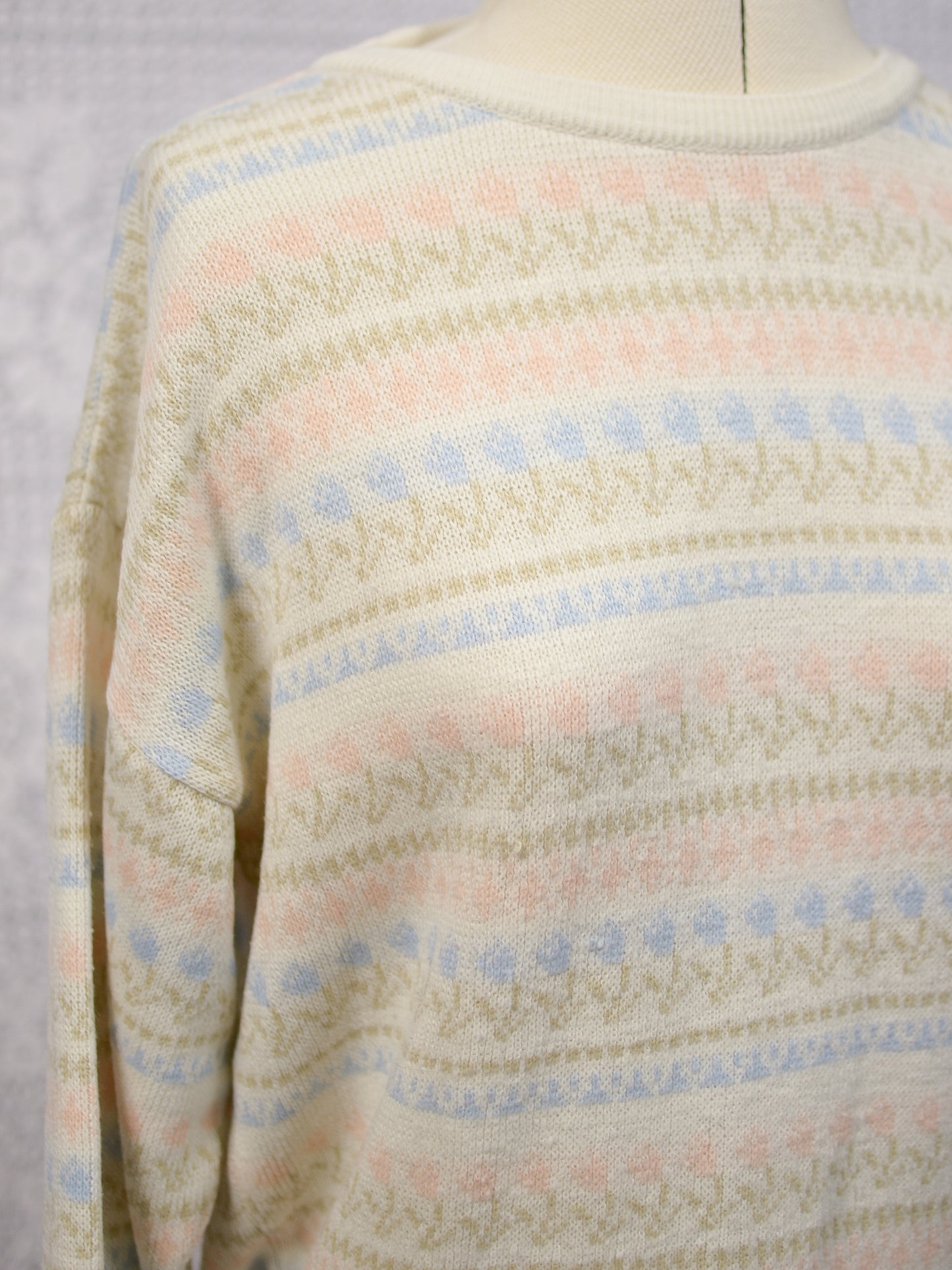 1980s Littlewoods cream, pink and blue tulip floral stripe jumper