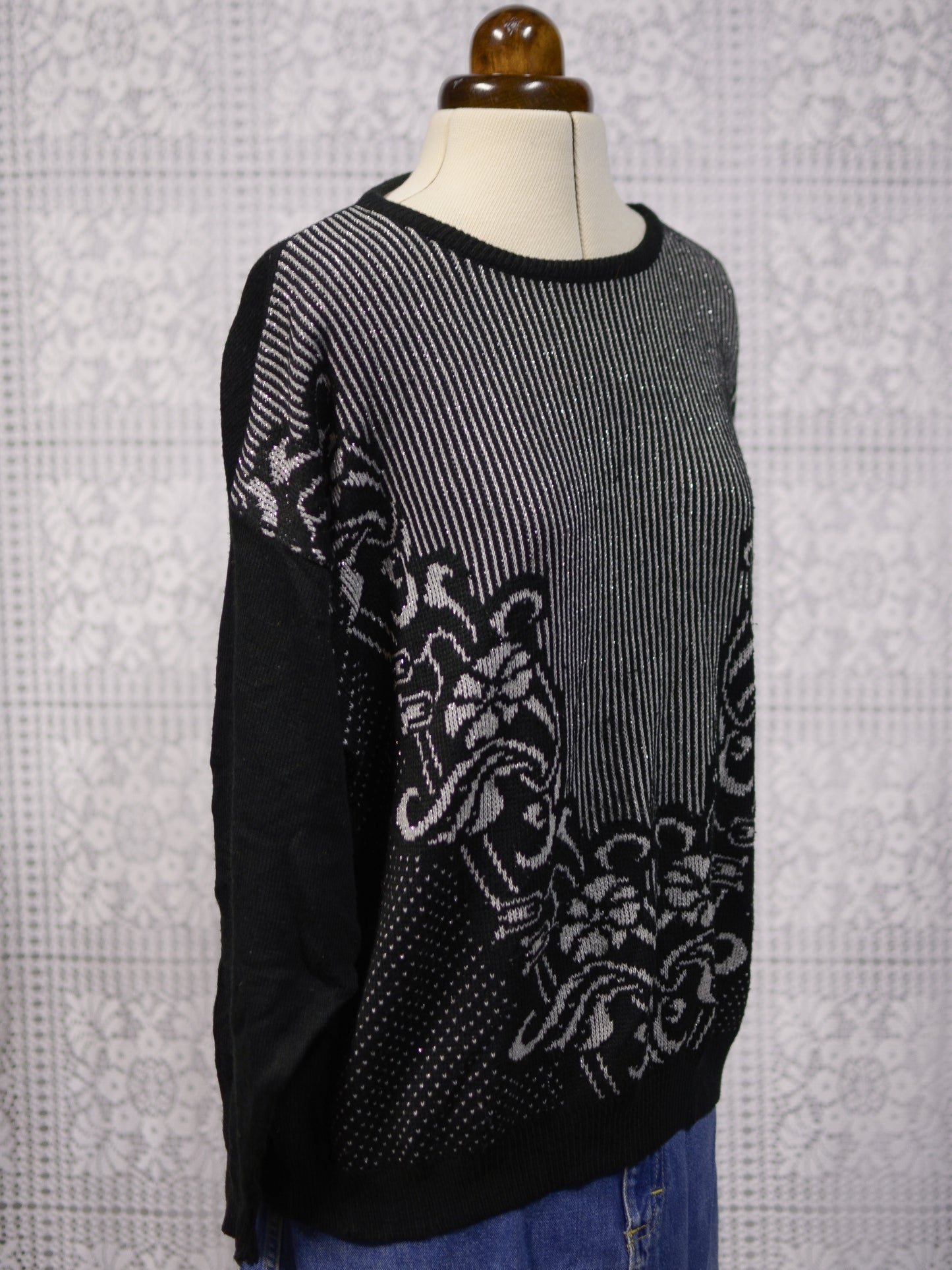 1980s Sears black, grey and silver striped and floral jumper
