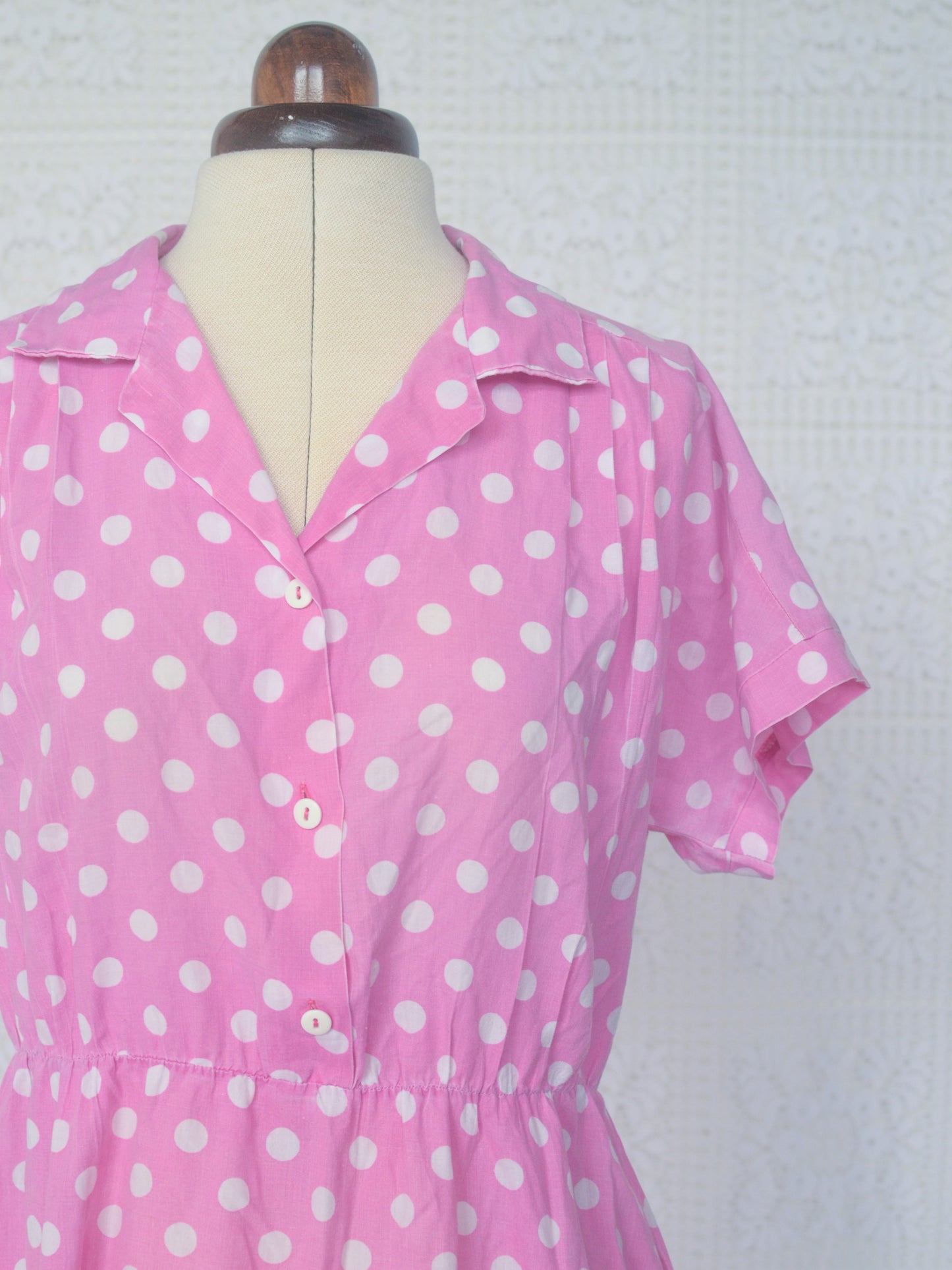 1980s style pink and white polkadot short sleeve shirt midi dress