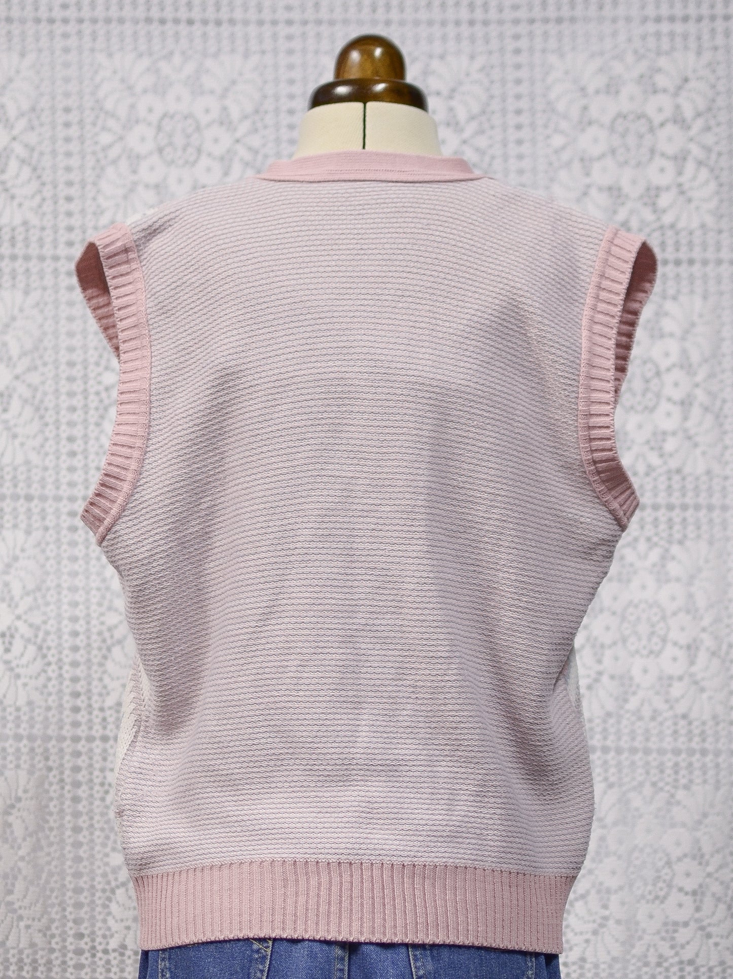 1980s pink, white and blue knitted waistcoat tank top sleeveless cardigan