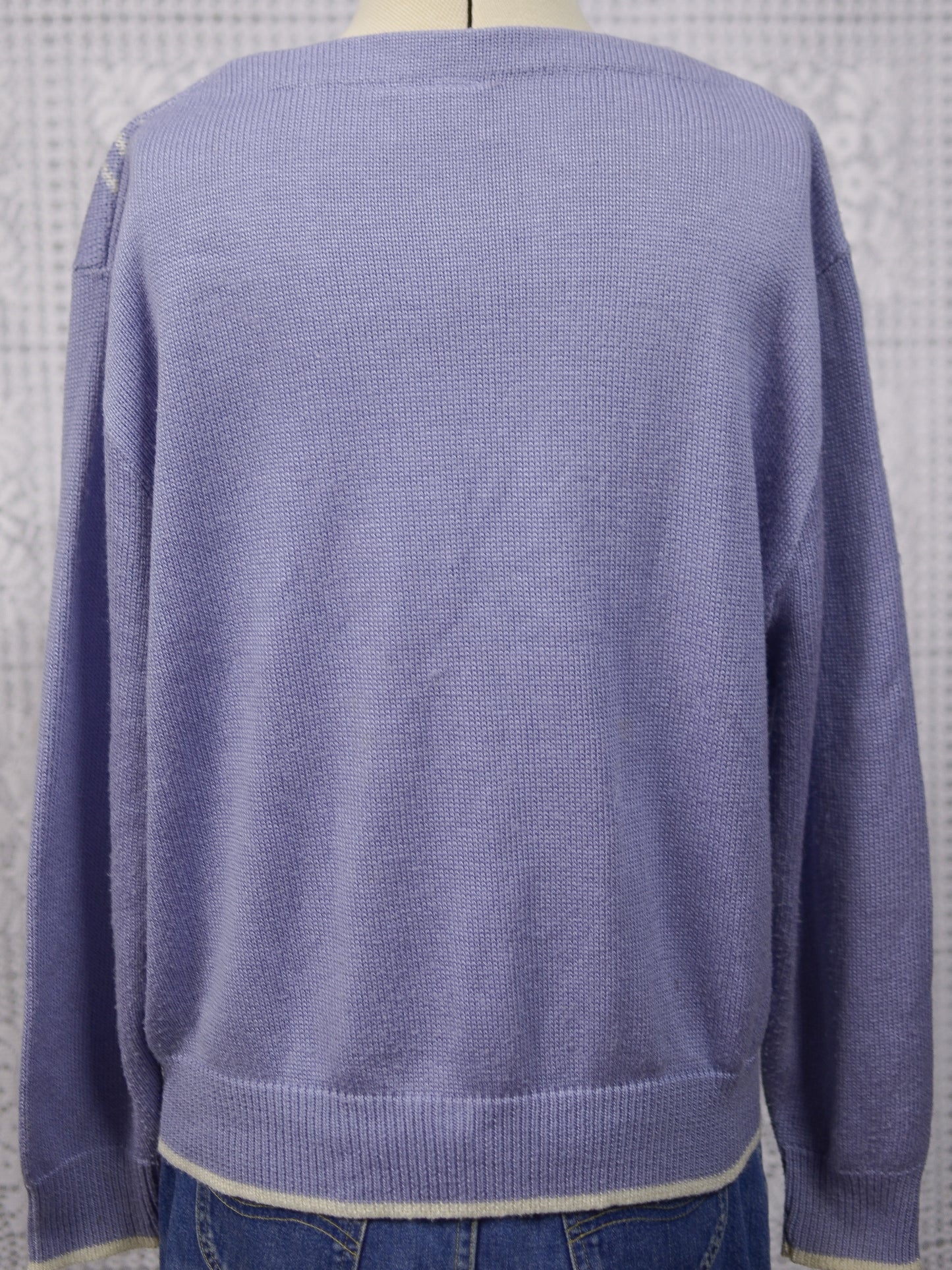 1980s cornflower blue and white rose floral pattern jumper