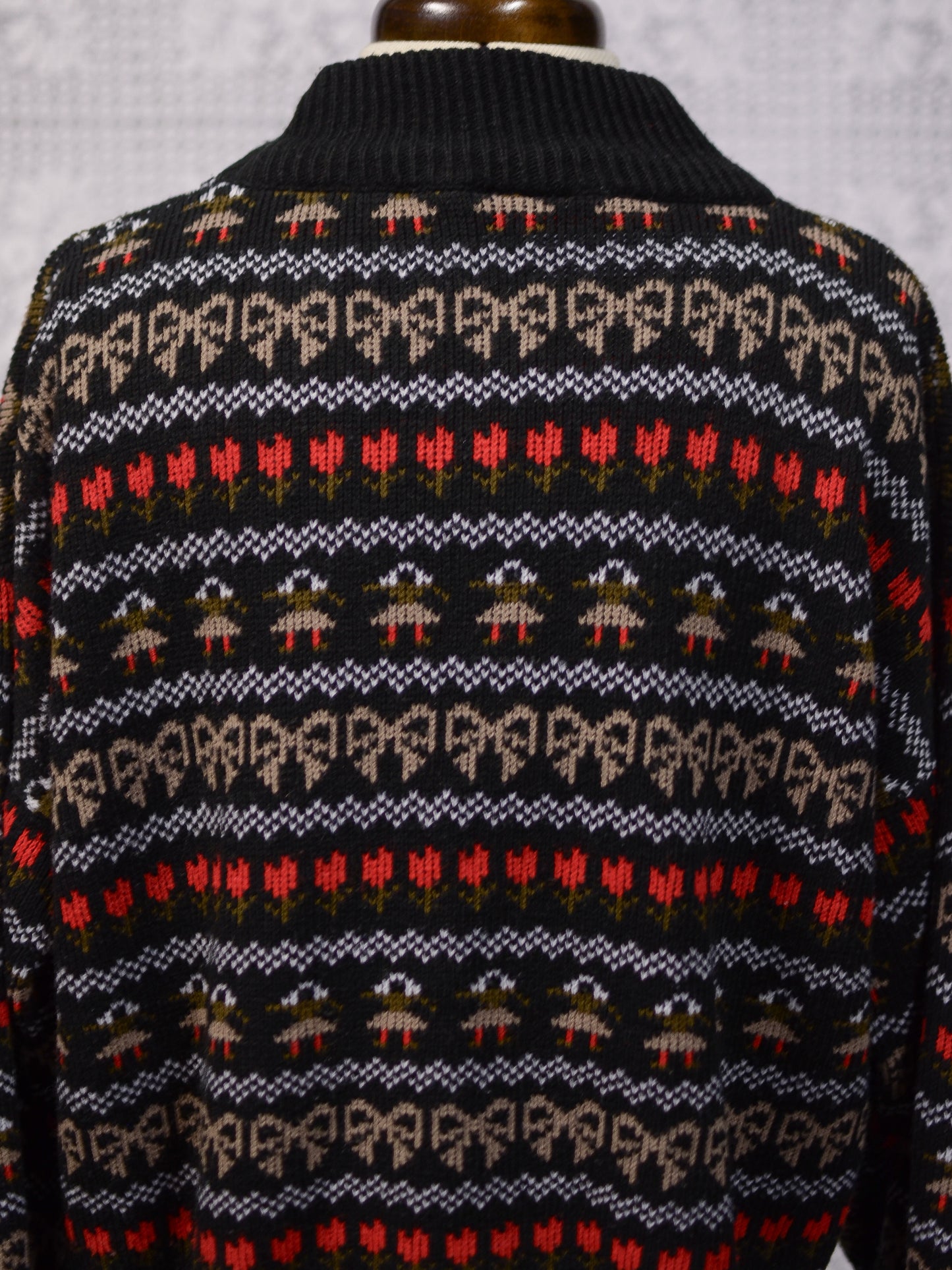 1980s black, white, red and green festive folk patterned jumper