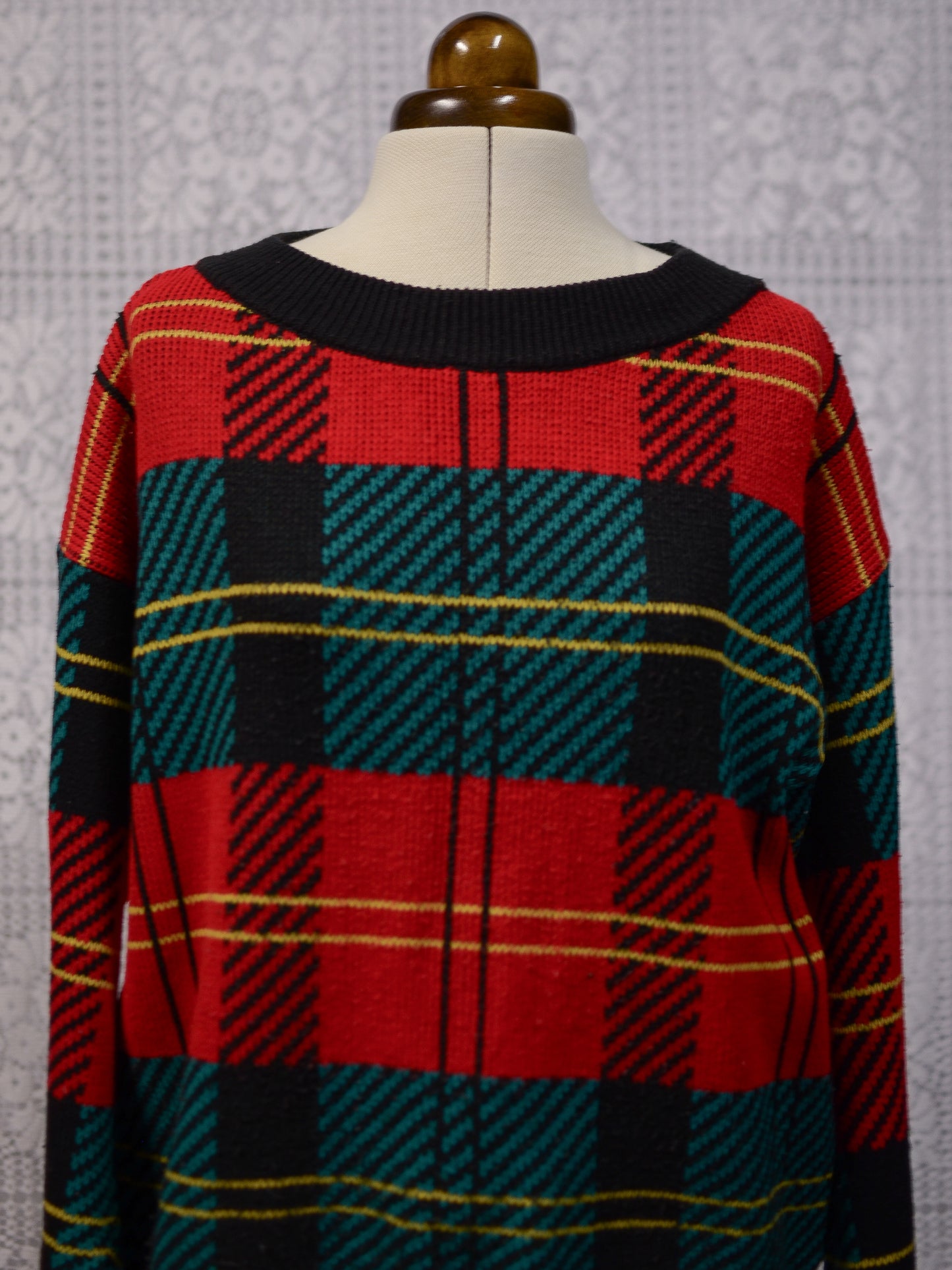 1980s St Michael red, green, black and yellow tartan jumper