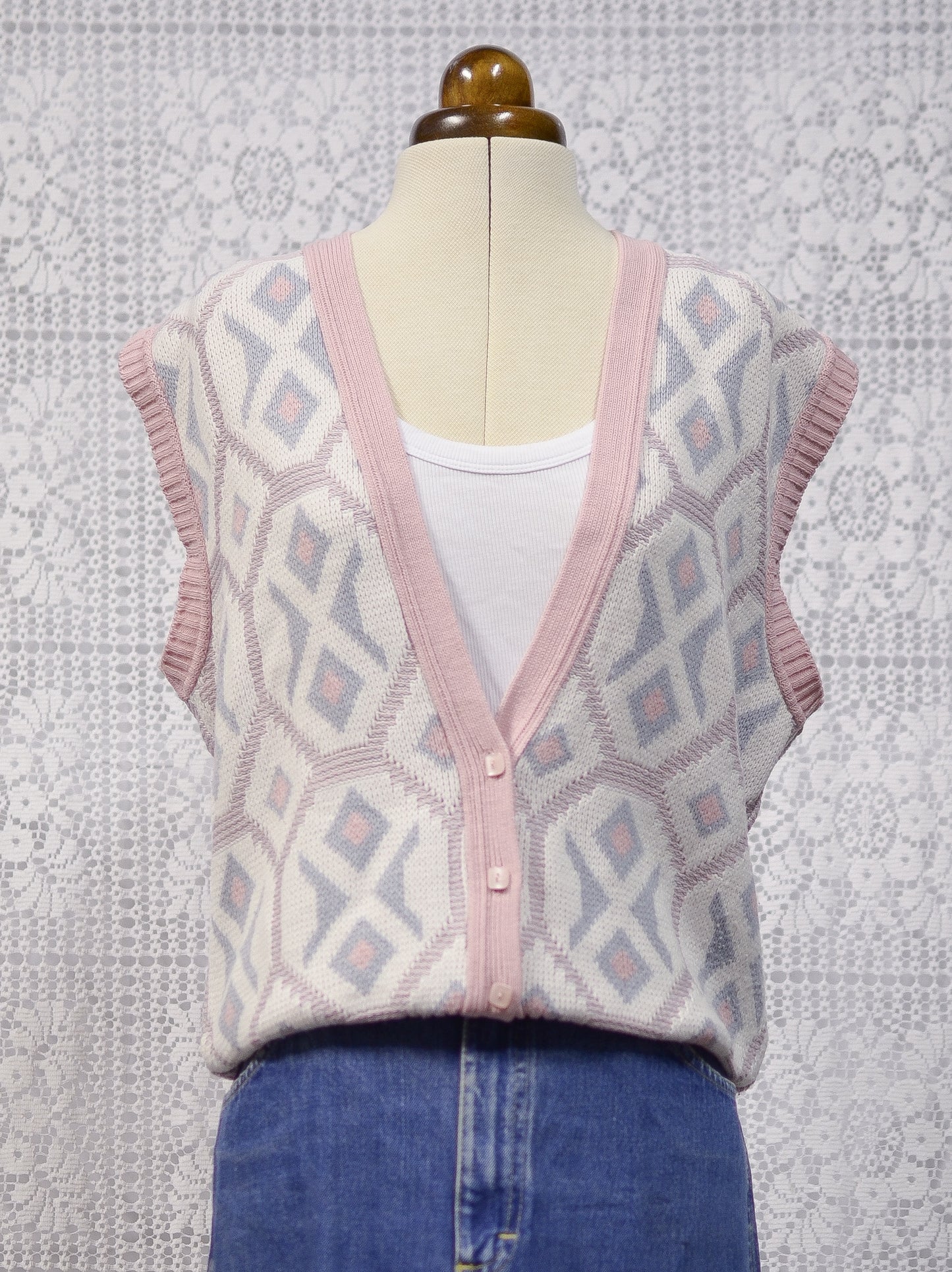 1980s pink, white and blue knitted waistcoat tank top sleeveless cardigan