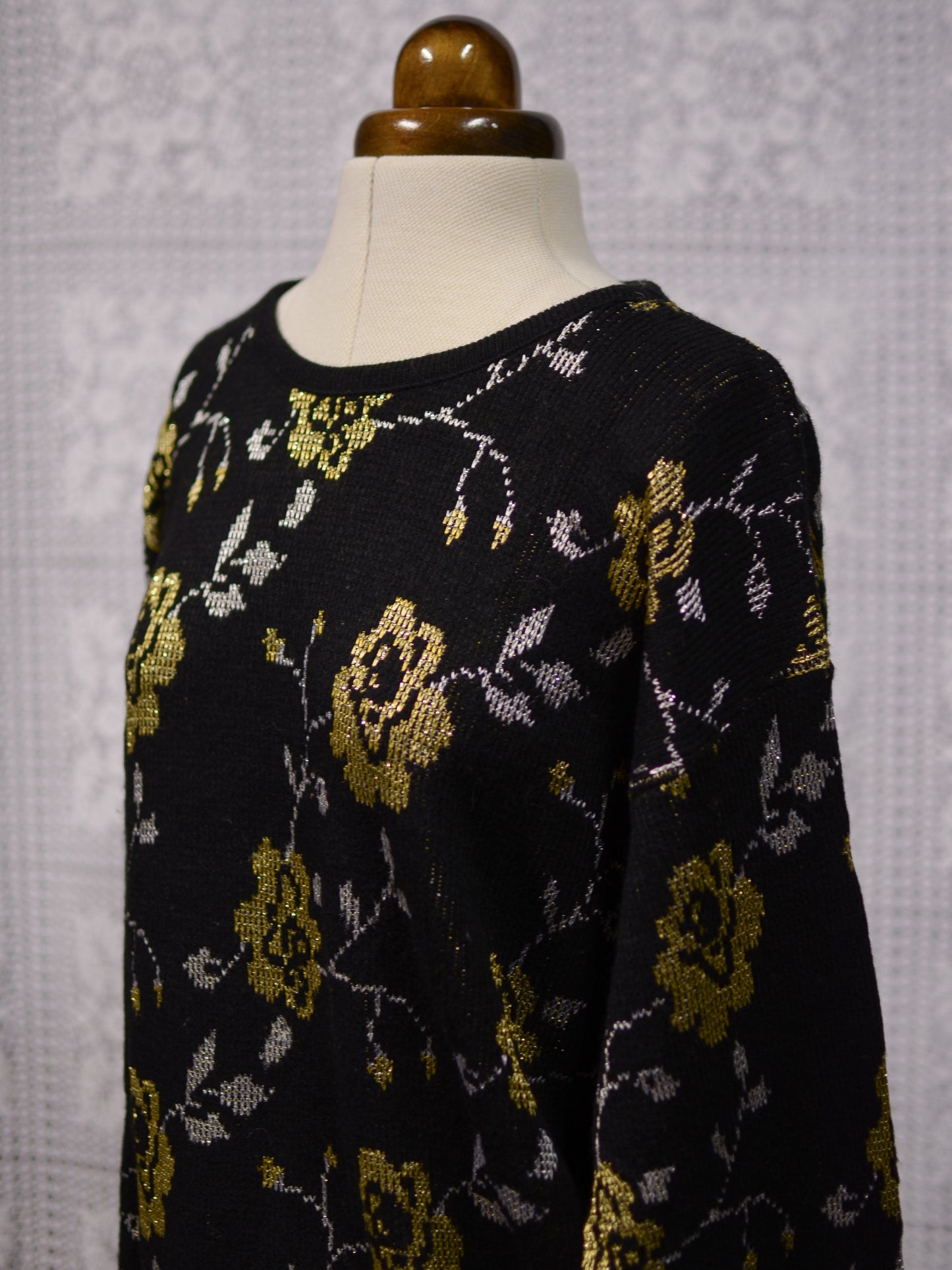 1980s black, gold and silver rose floral pattern metallic glitter jumper