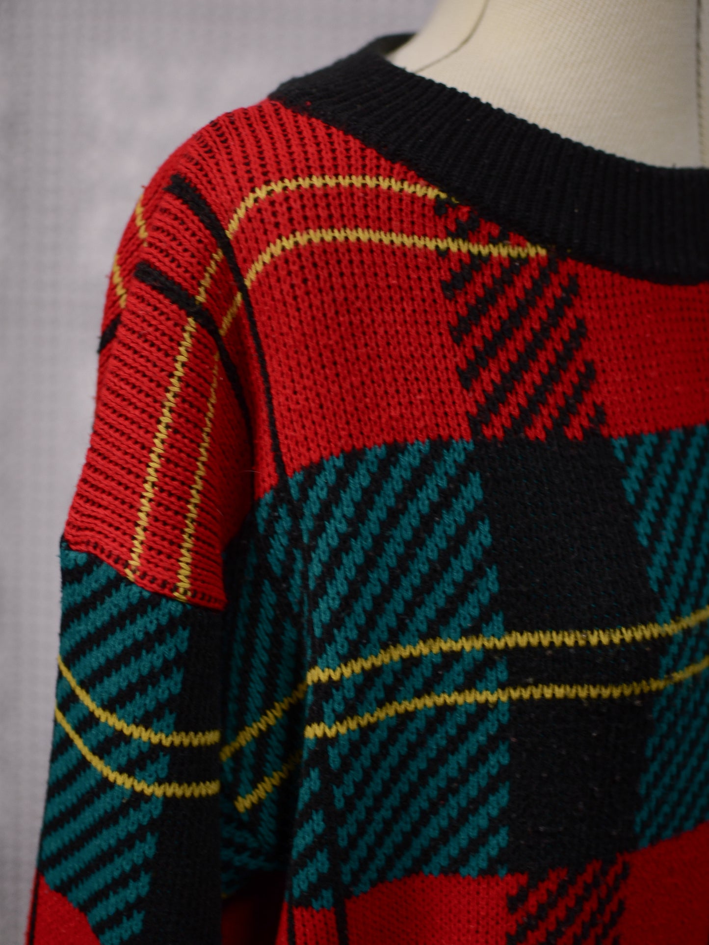 1980s St Michael red, green, black and yellow tartan jumper
