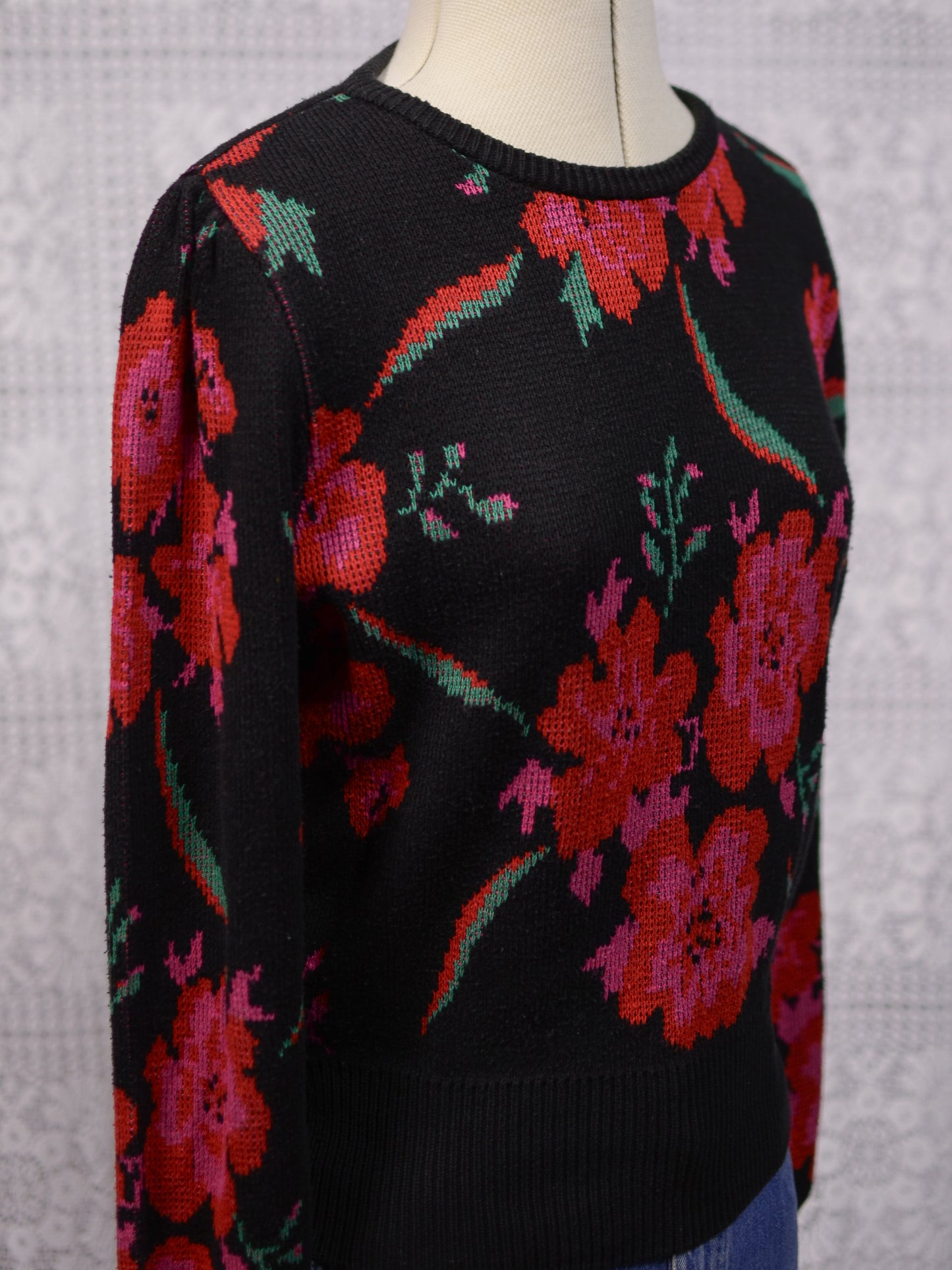 1990s St Michael black, red, pink and green floral fitted jumper