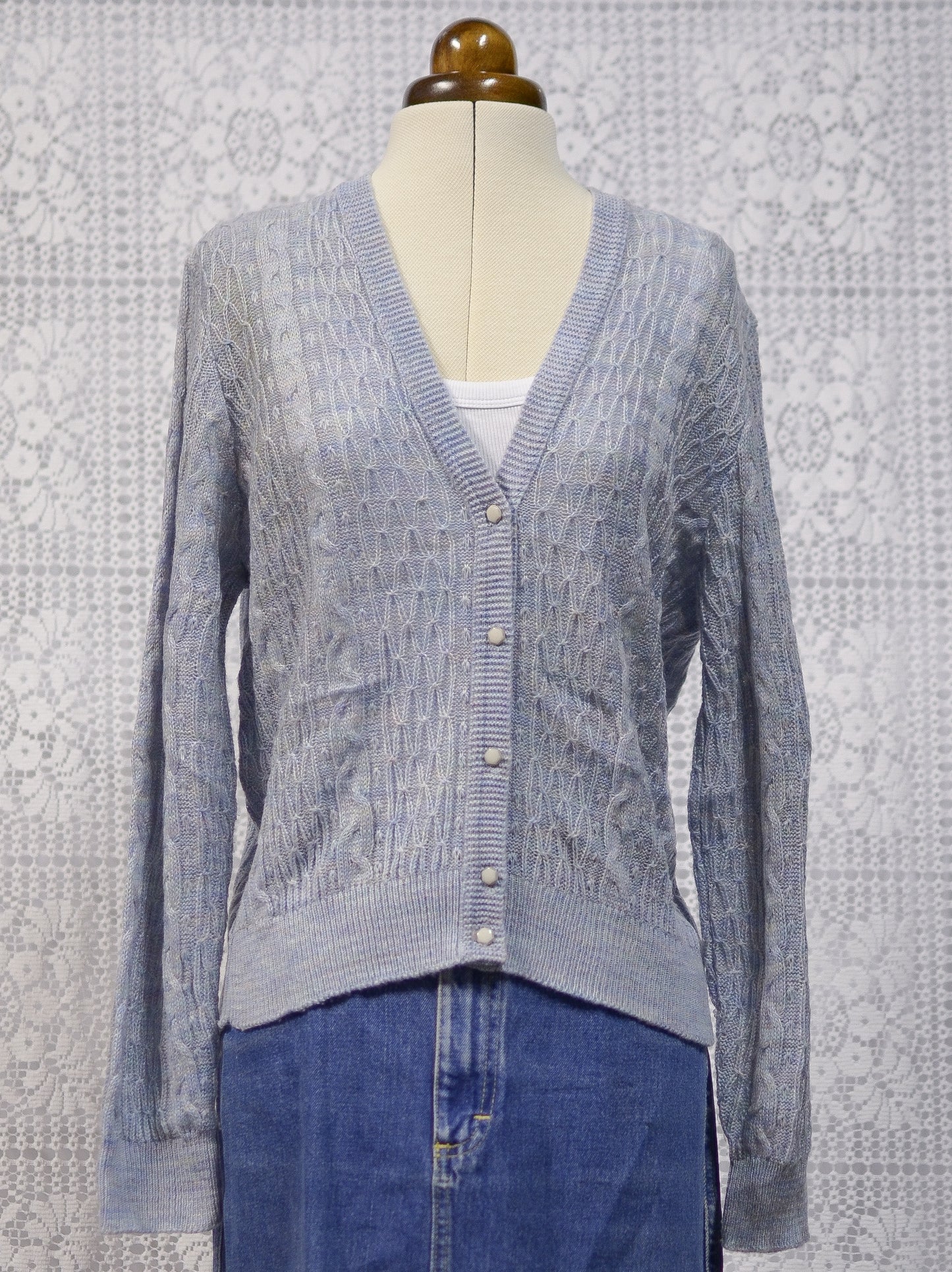 1980s St Michael blue and lilac cable knit cardigan