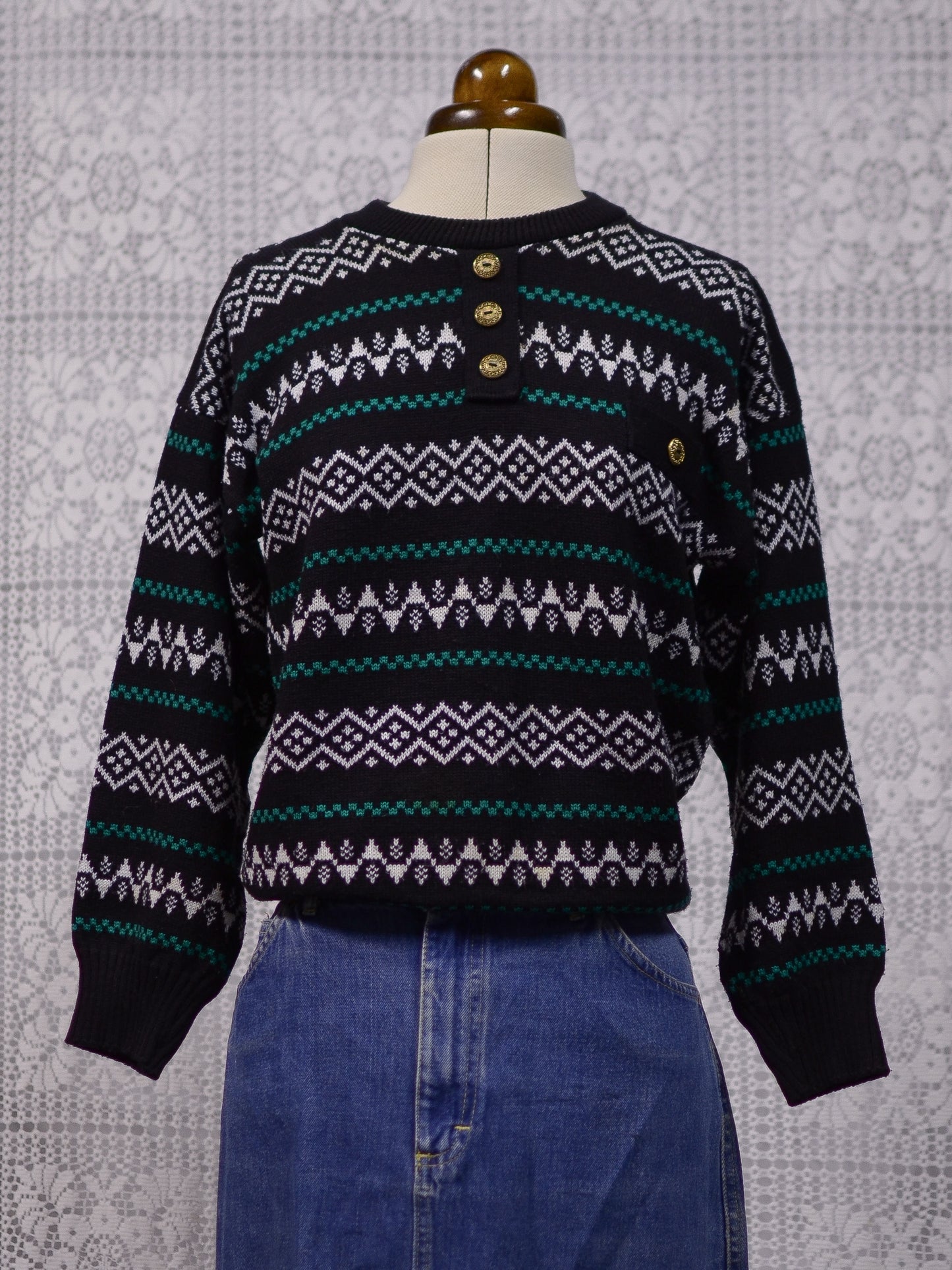 1980s black, white and green striped pattern pocket jumper