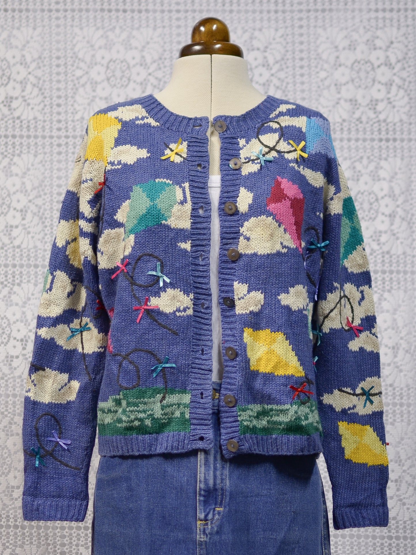 1990s Talbots blue clouds and kites colourful pattern cardigan
