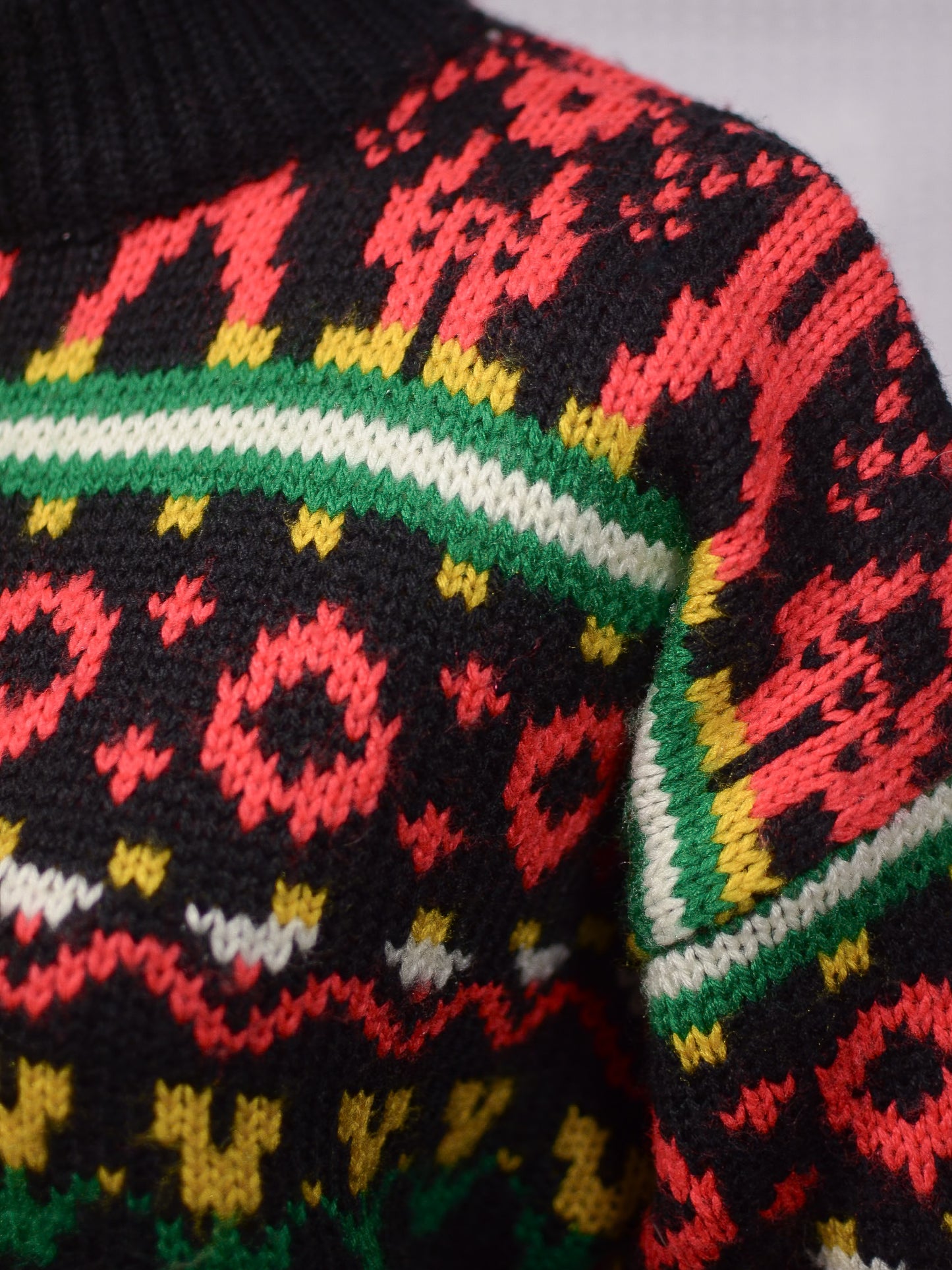 1980s Topshop black, red, green and yellow folk pattern jumper
