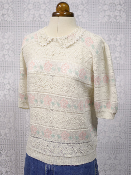 1980s white and pink rose pattern lace collar short sleeve jumper