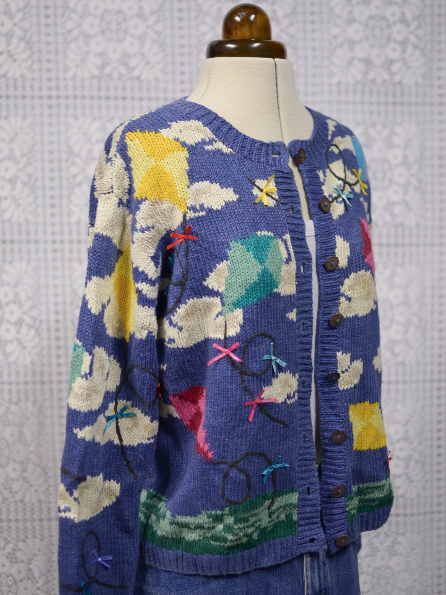 1990s Talbots blue clouds and kites colourful pattern cardigan