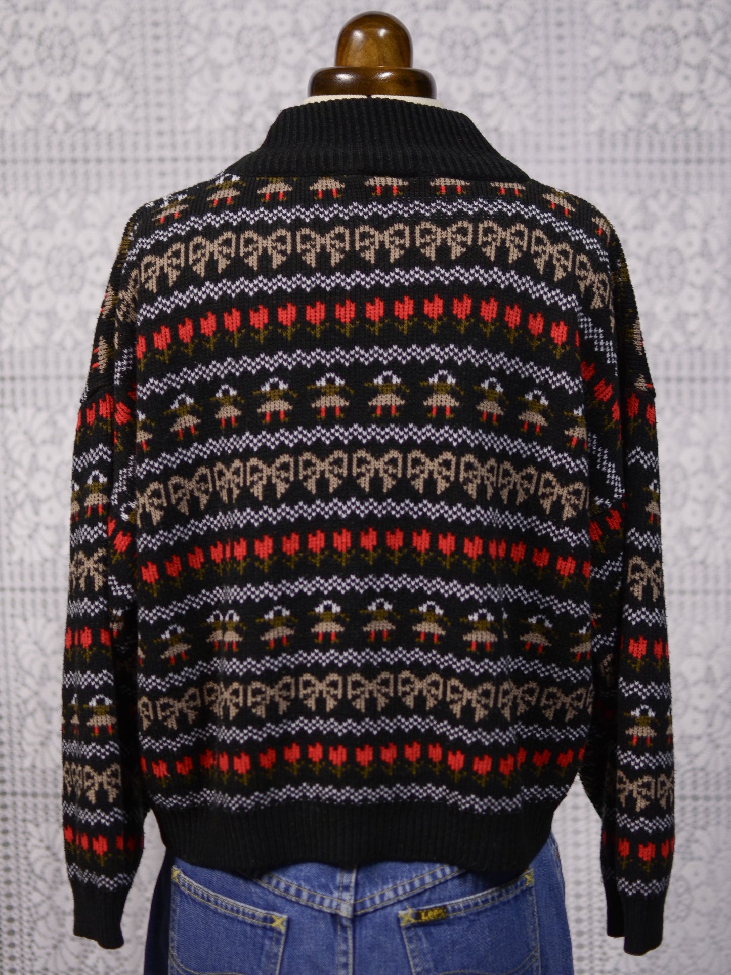 1980s black, white, red and green festive folk patterned jumper