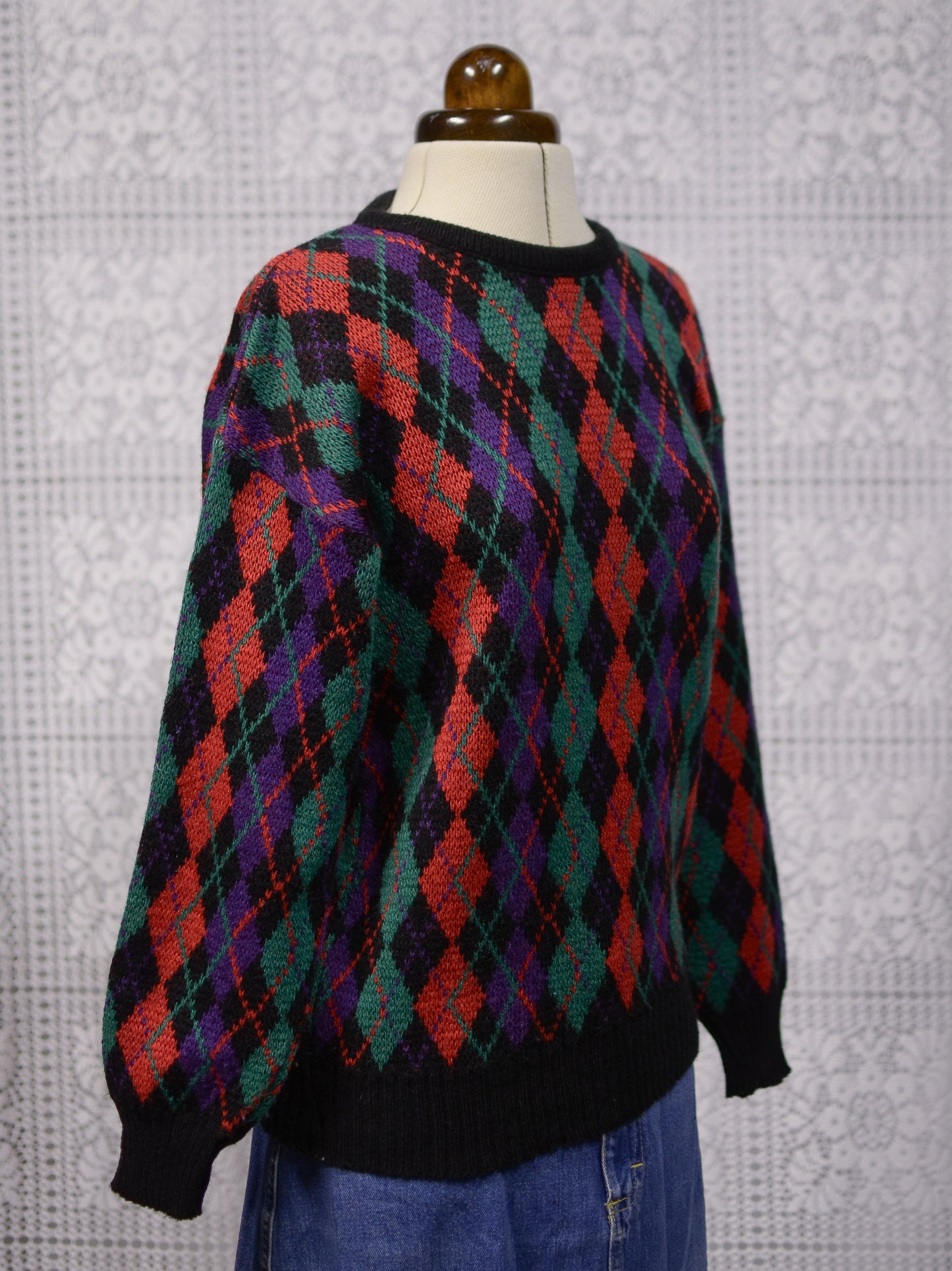 1980s black, red, green and purple argyle pattern jumper