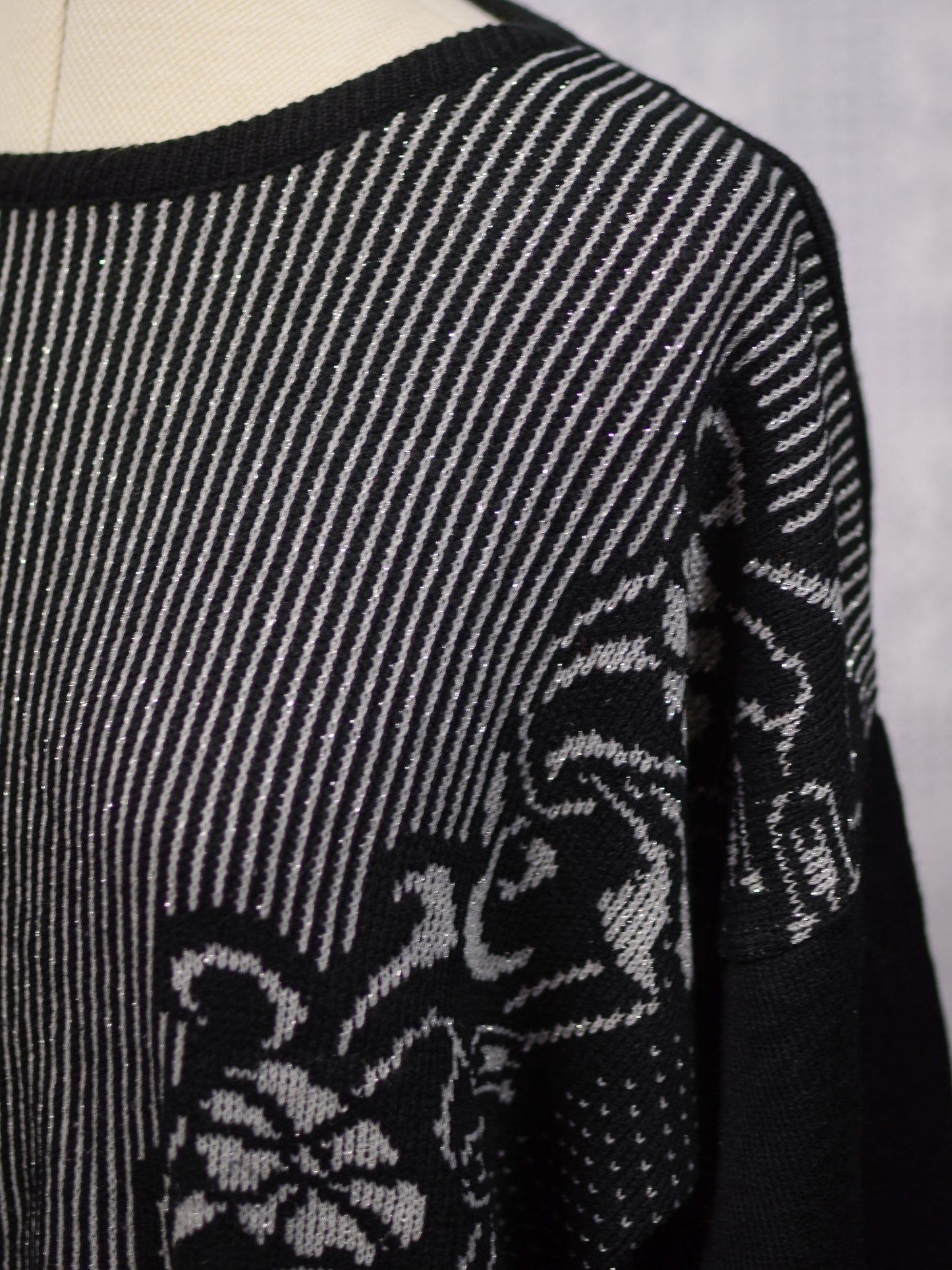 1980s Sears black, grey and silver striped and floral jumper