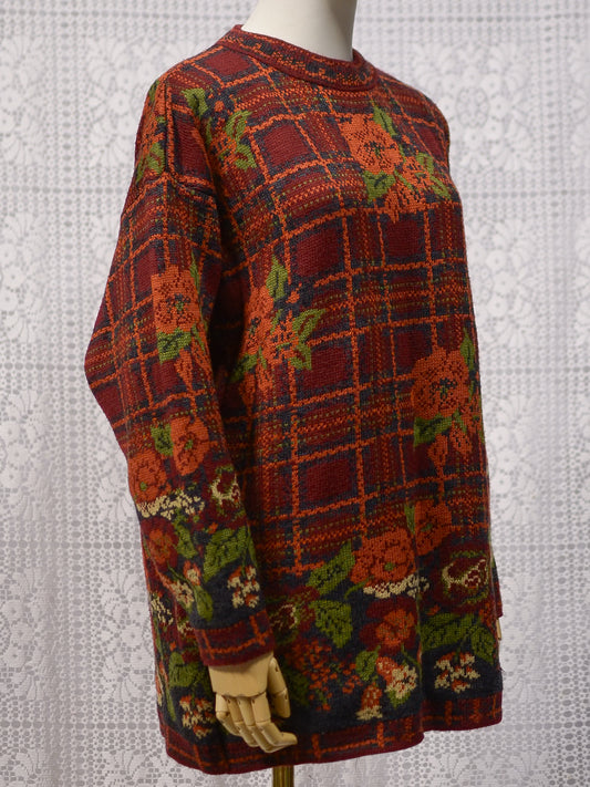 1990s dark red, orange and green tartan and floral print long jumper dress