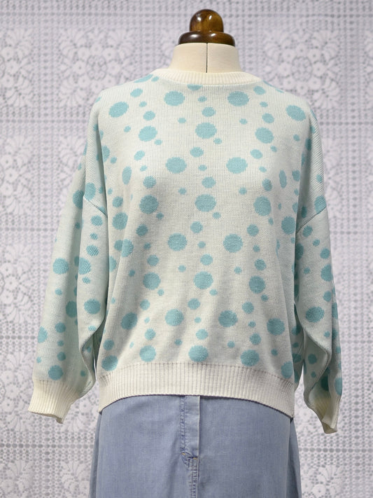 1980s white and turquoise polkadot spotted jumper