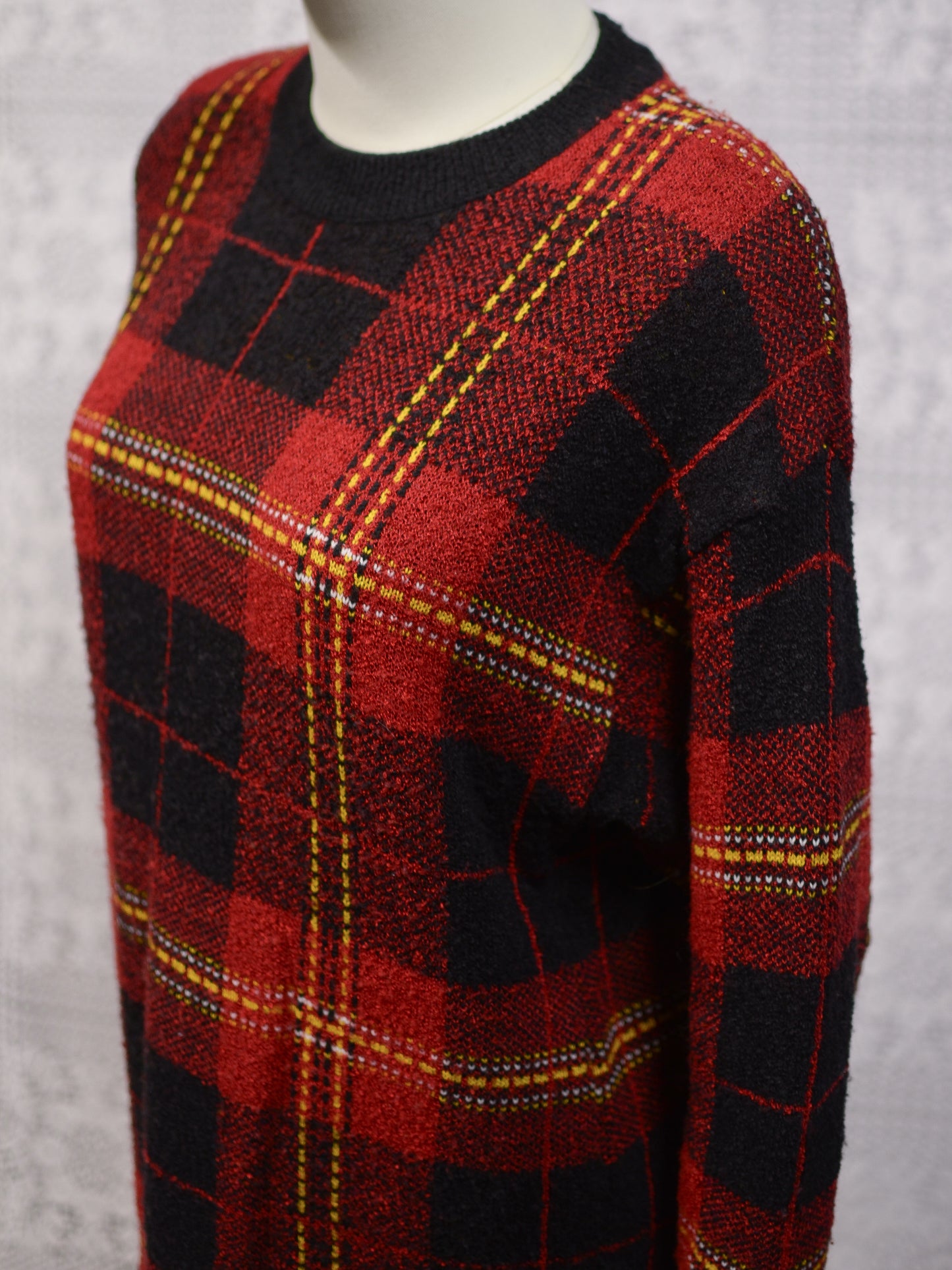 Y2K St Michael red, black and yellow tartan long jumper