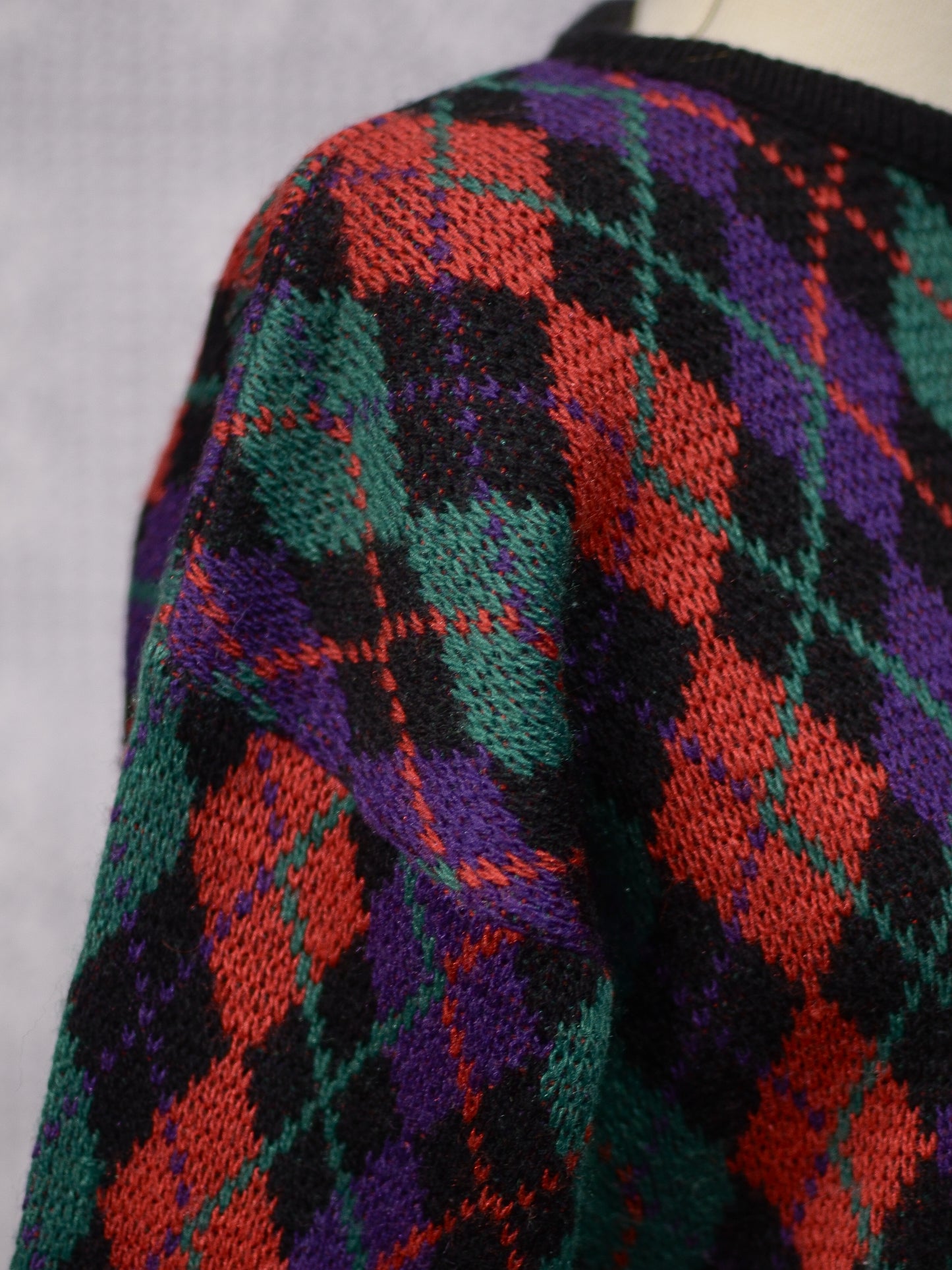 1980s black, red, green and purple argyle pattern jumper