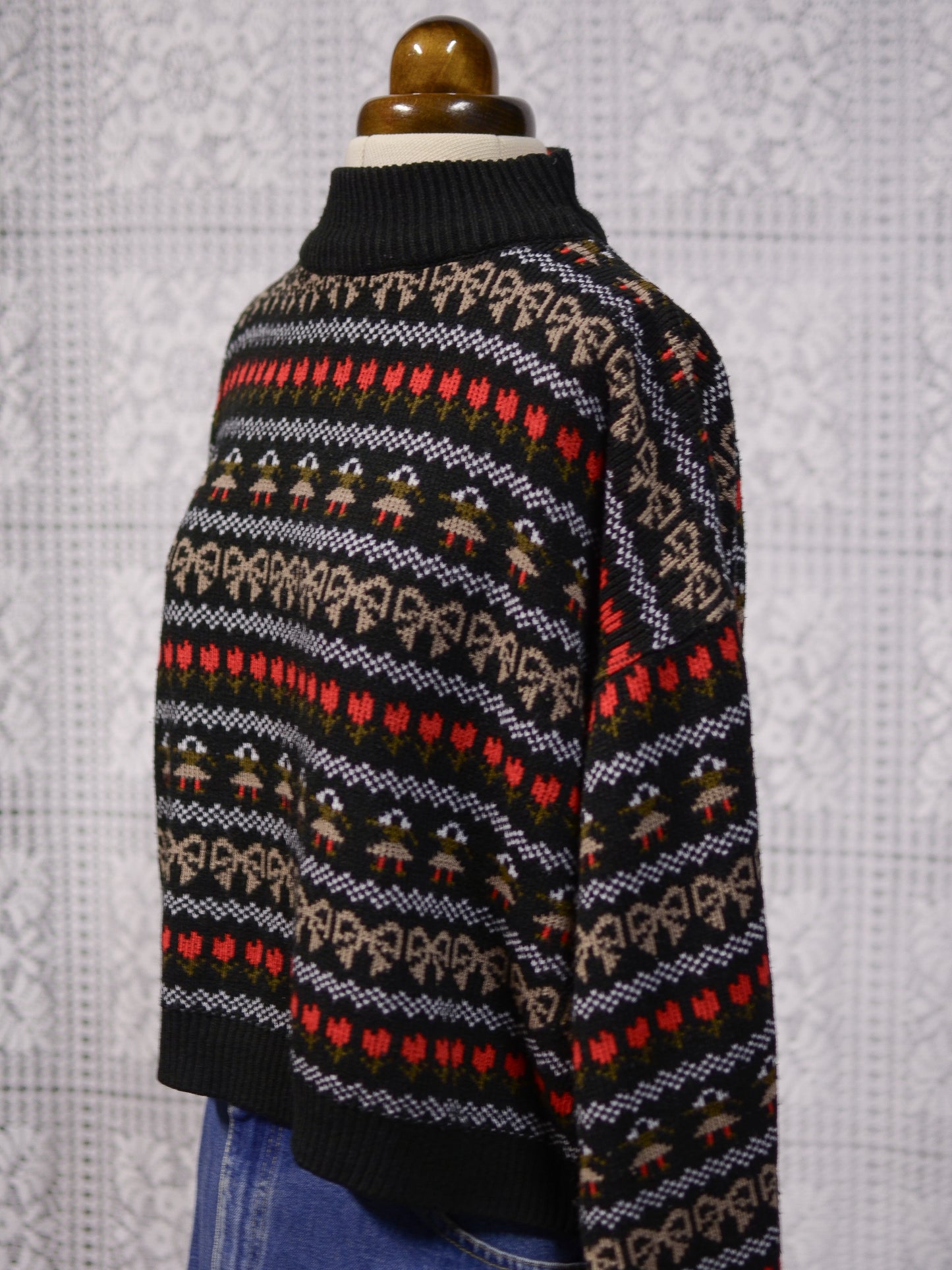 1980s black, white, red and green festive folk patterned jumper