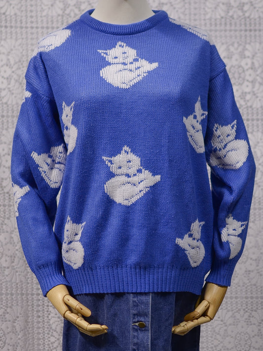 1980s blue and white cat jumper