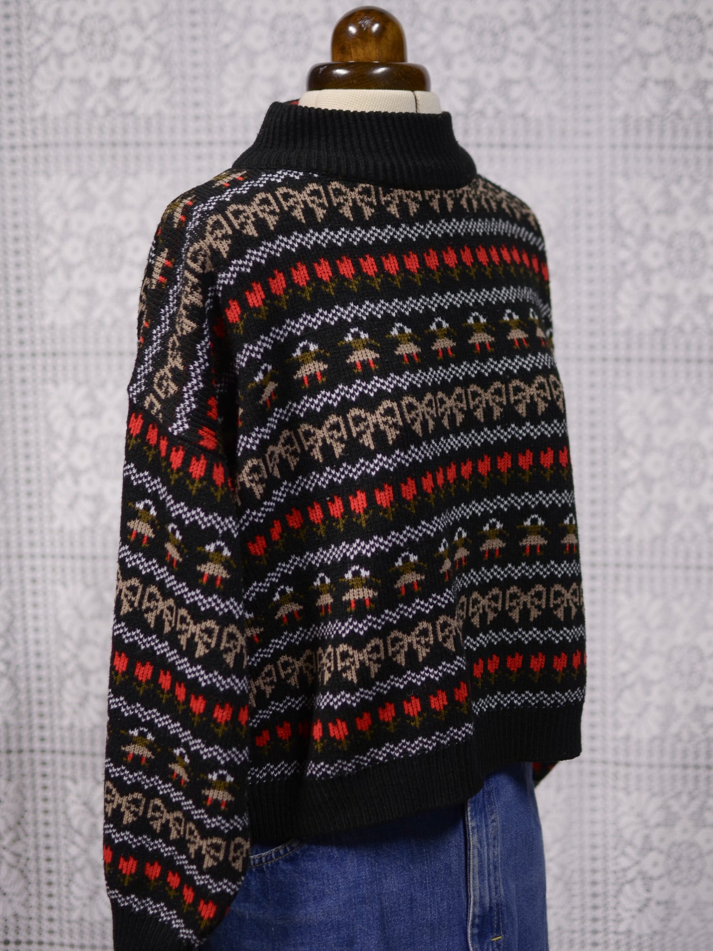 1980s black, white, red and green festive folk patterned jumper