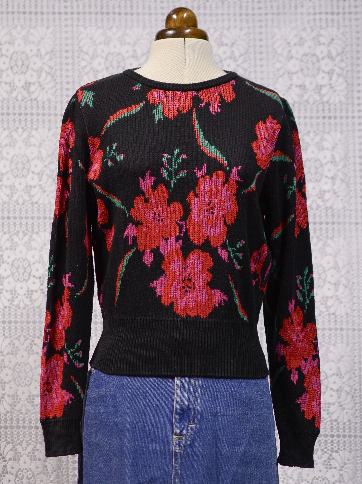 1990s St Michael black, red, pink and green floral fitted jumper