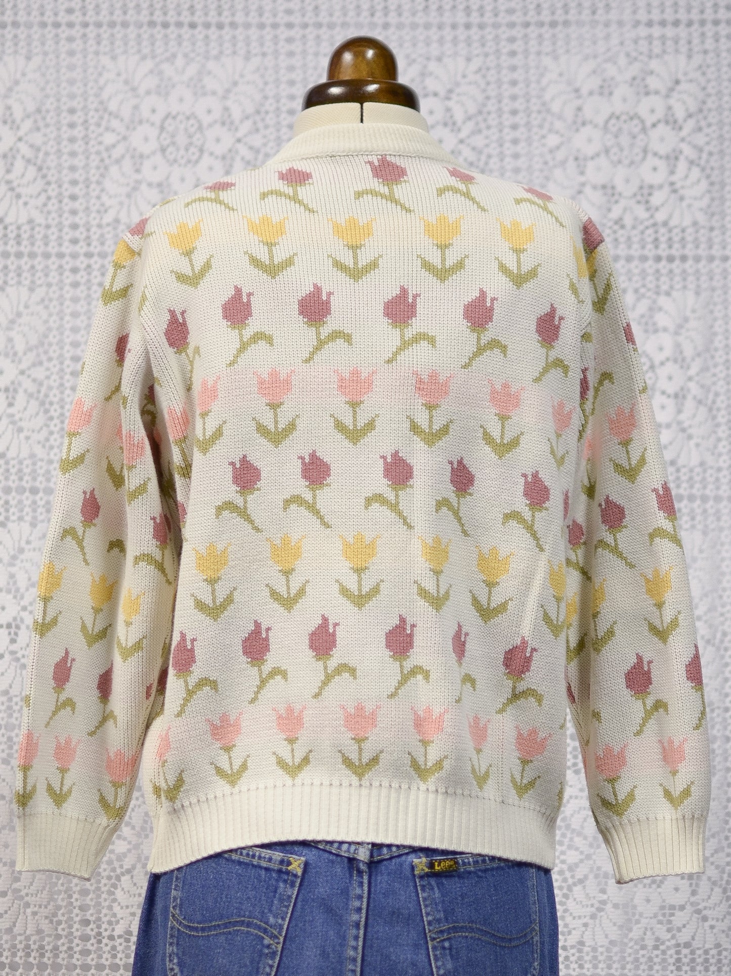 1990s cream, pink and yellow tulip floral pattern cardigan
