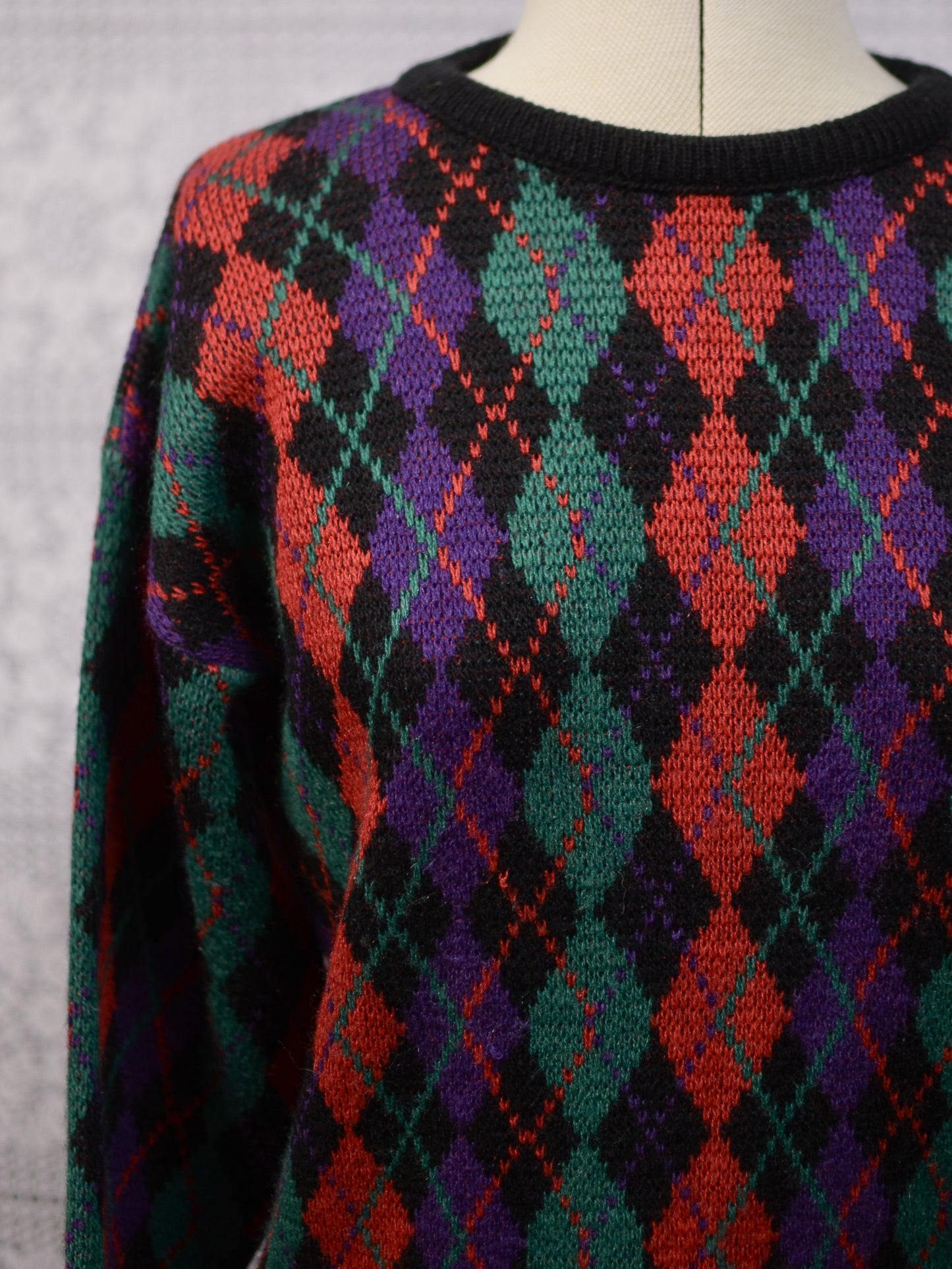 1980s black, red, green and purple argyle pattern jumper