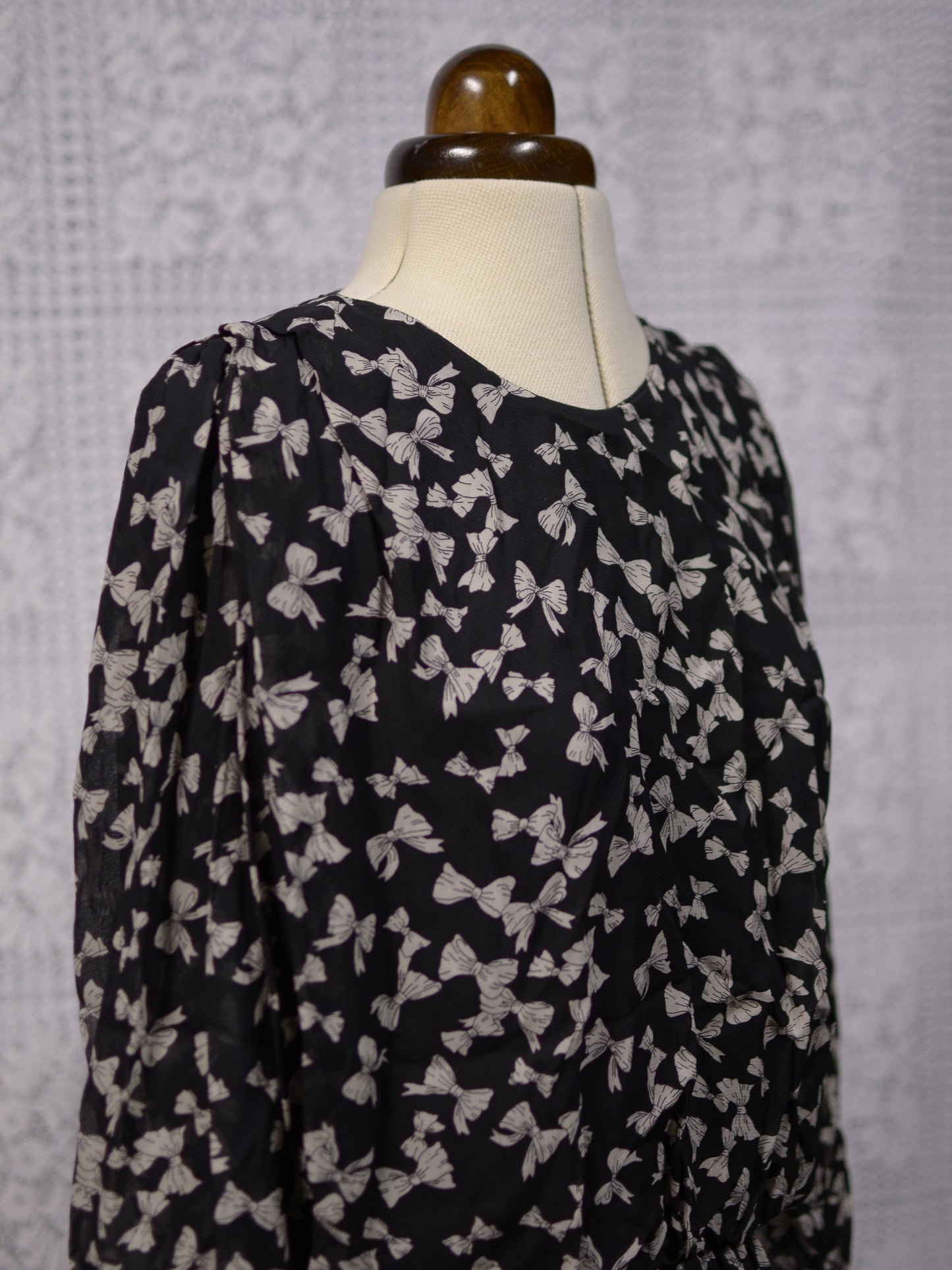 1980s black and white bow print blouson midi party dress