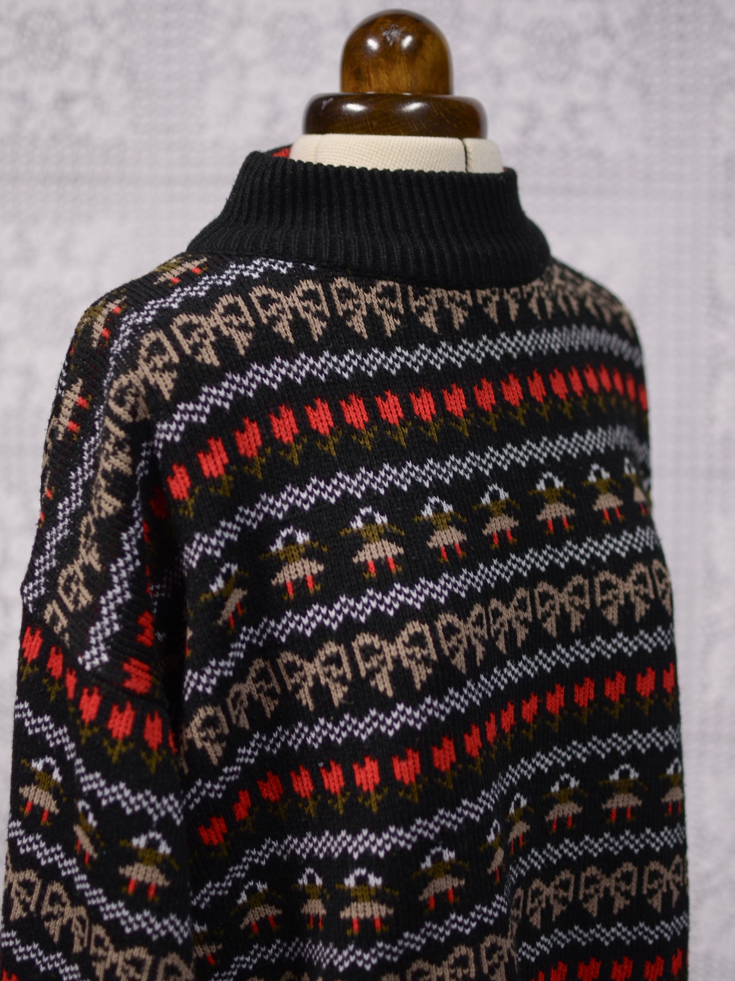 1980s black, white, red and green festive folk patterned jumper
