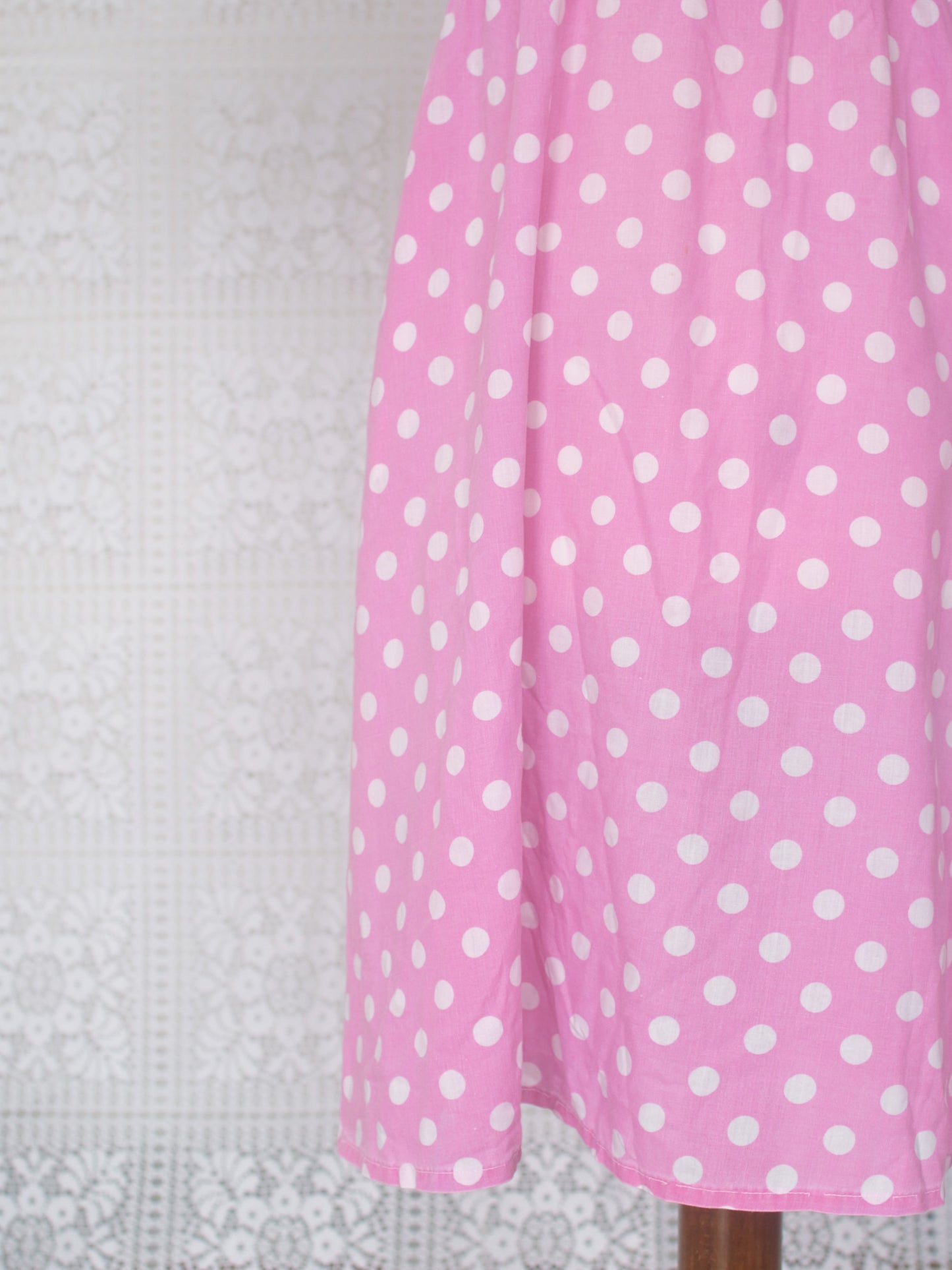 1980s style pink and white polkadot short sleeve shirt midi dress