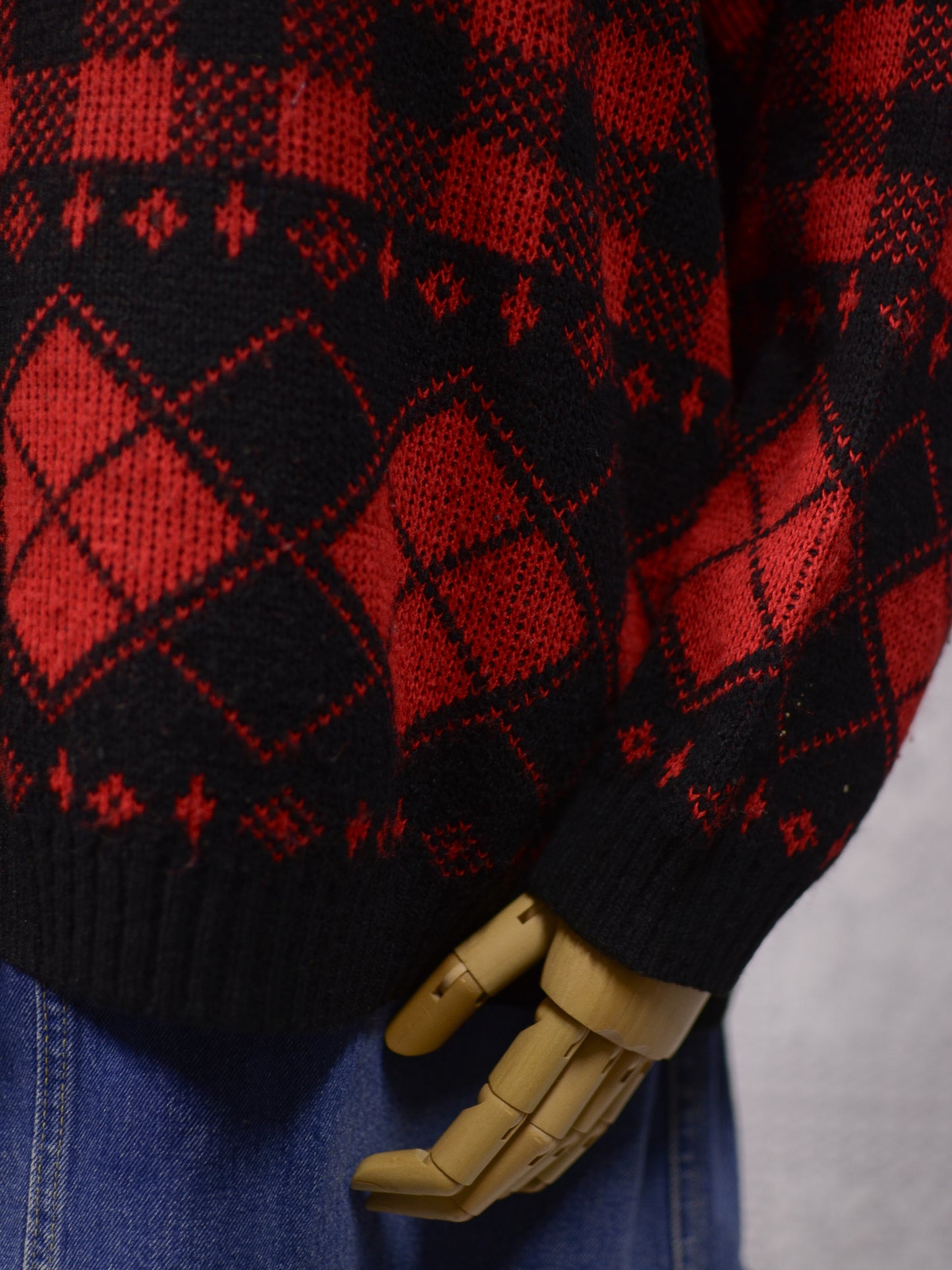1990s red and black gingham plaid diamond argyle pattern jumper