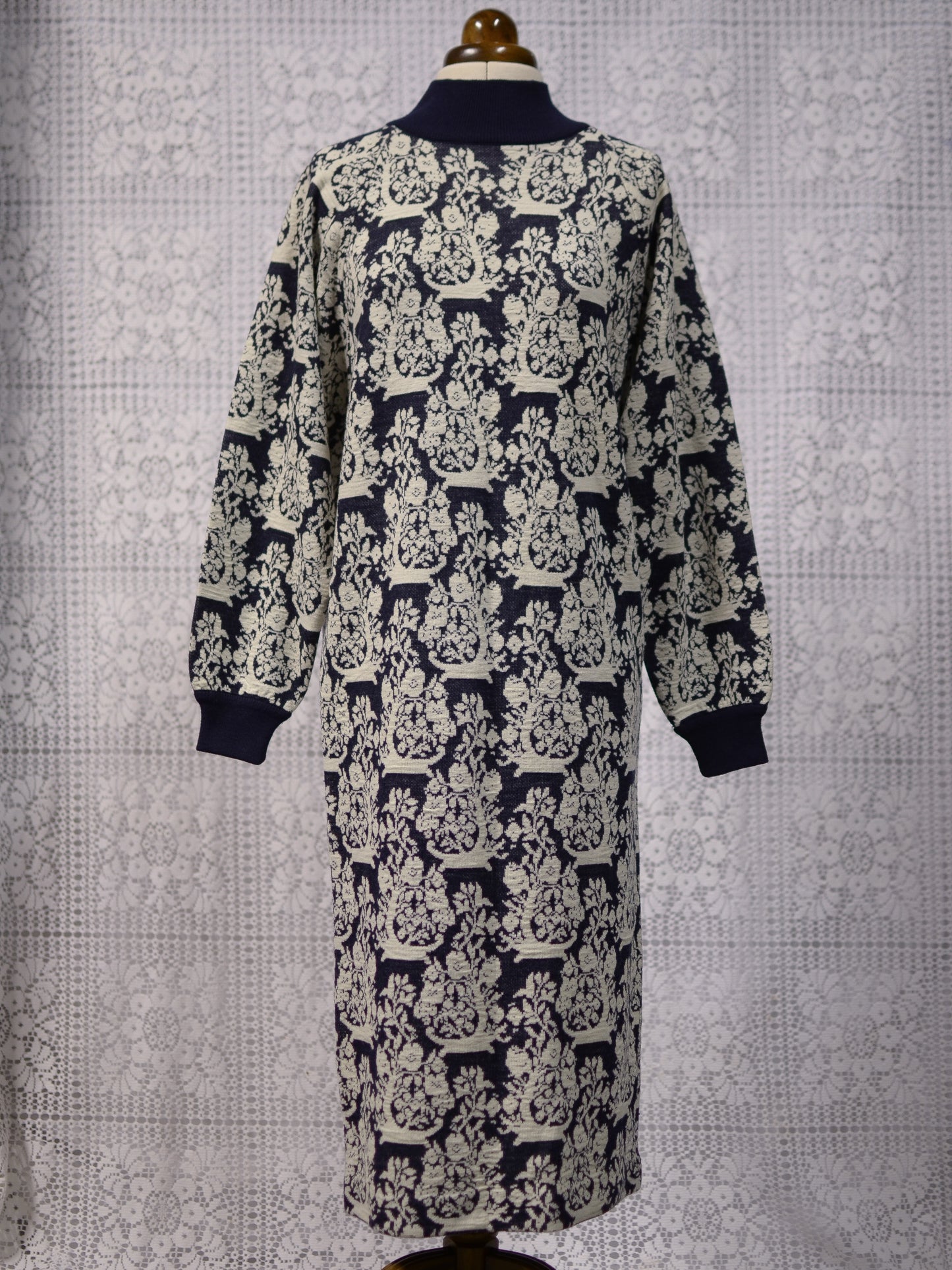 1980s navy and white knitted high neck patterned jumper dress