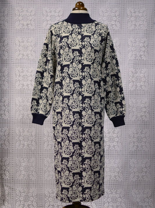 1980s navy and white knitted high neck patterned jumper dress