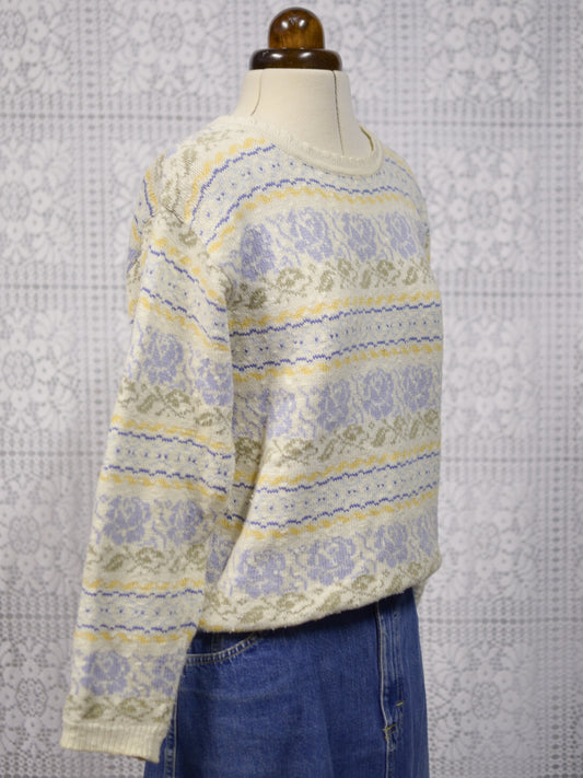1980s Dorothy Perkins cream, pale blue and yellow rose floral pattern jumper