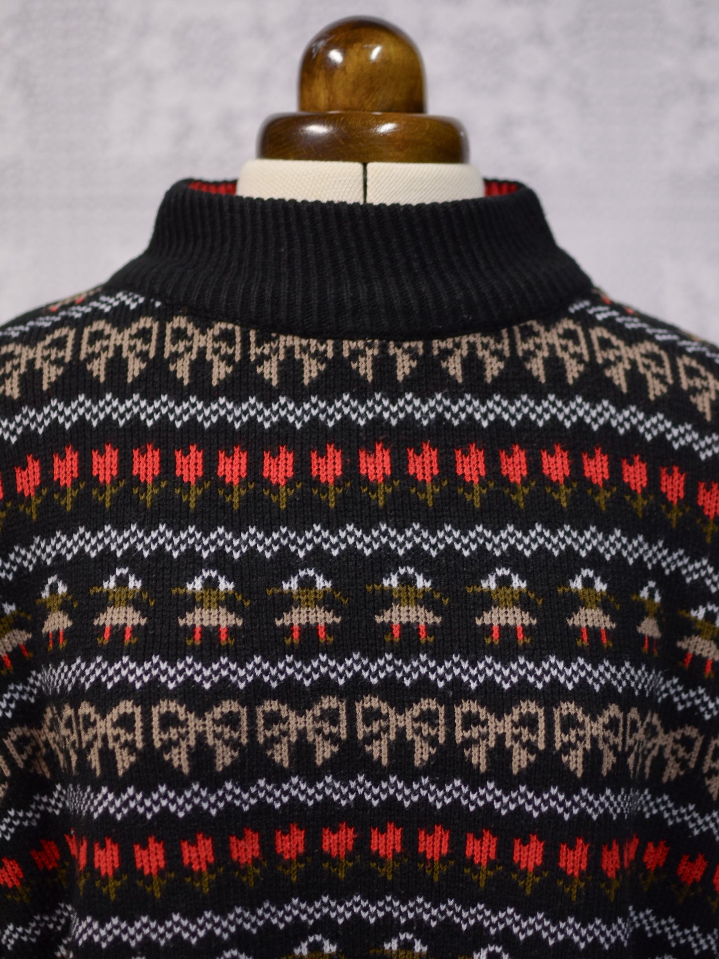 1980s black, white, red and green festive folk patterned jumper
