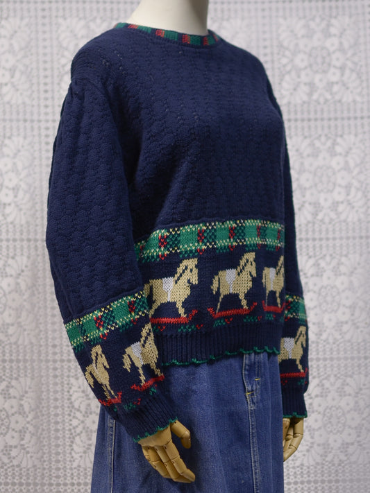 1990s Sweater Loft navy and green rocking horse novelty festive jumper