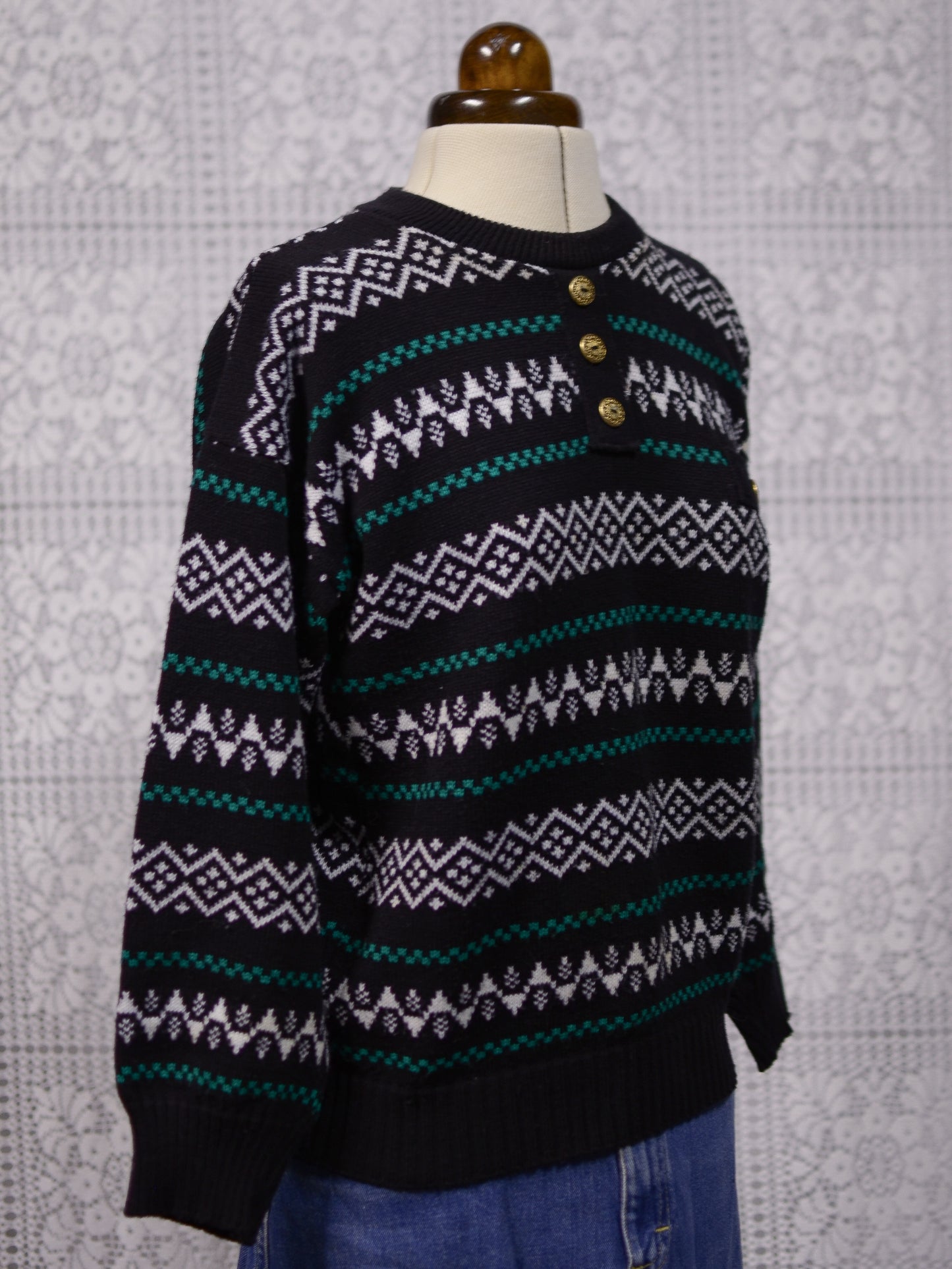 1980s black, white and green striped pattern pocket jumper