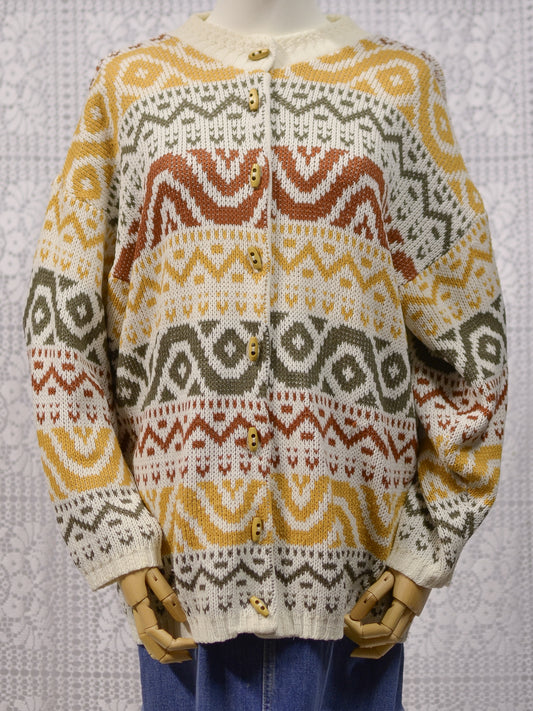 1980s Honeybells brown, green, mustard yellow and cream geometric pattern long cardigan